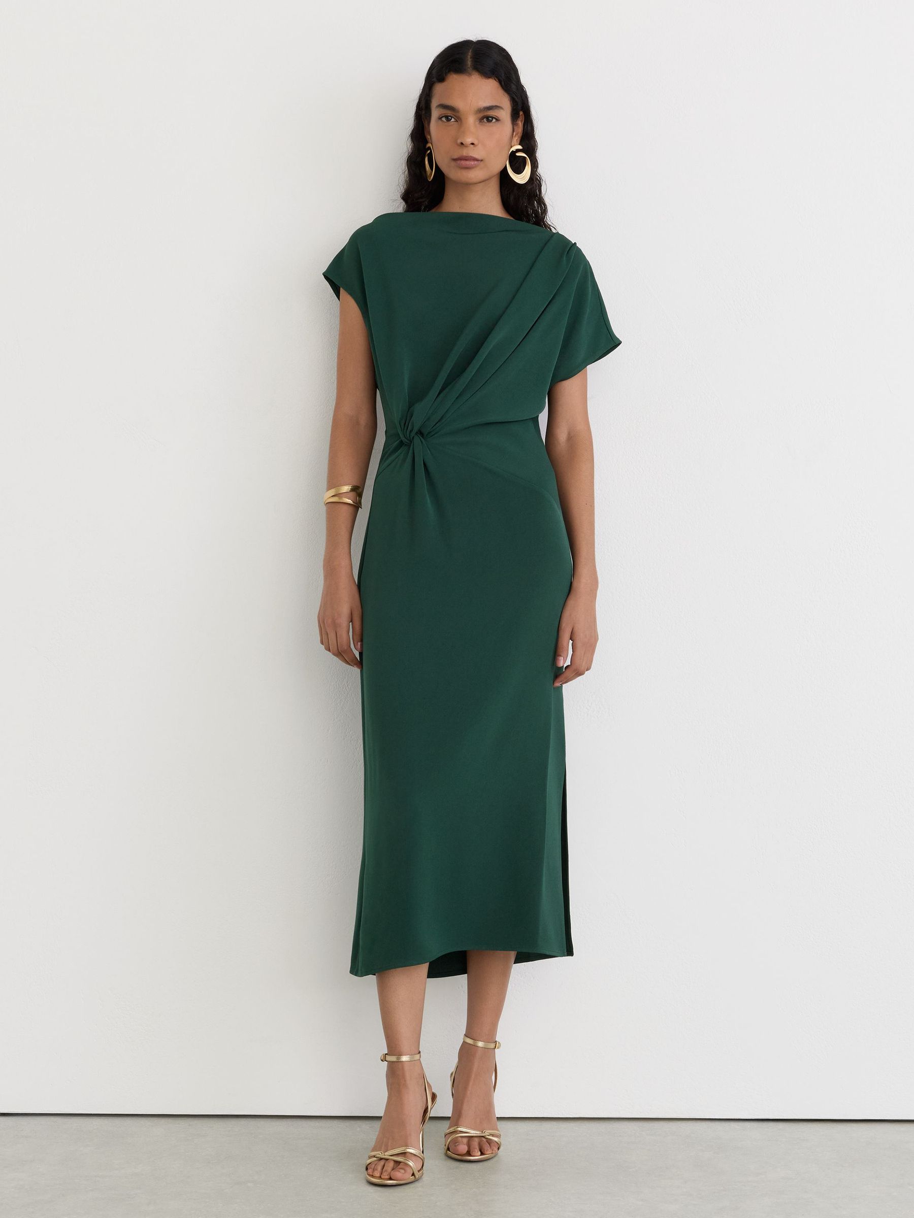 Off-Shoulder Tuck-Detail Midi Dress in Teal Green - Image 3 of 7