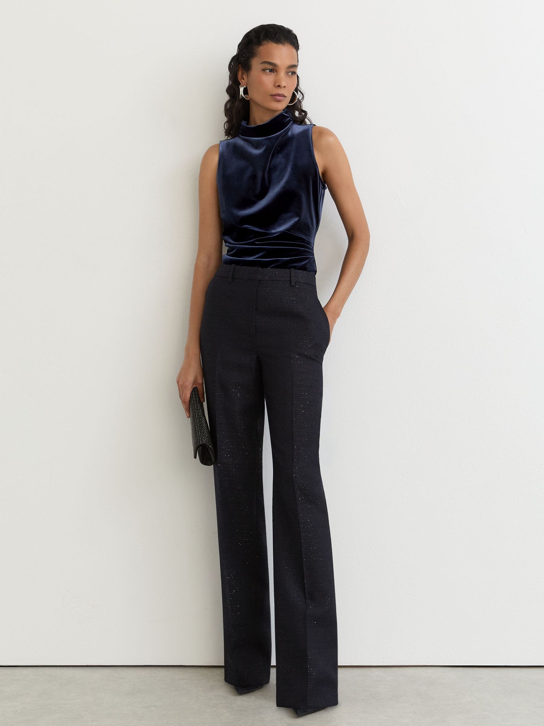 Velvet High-Neck Sleeveless Top in Navy - Image 1 of 6 Velvet High-Neck Sleeveless Top in Navy - Image 1 of 6