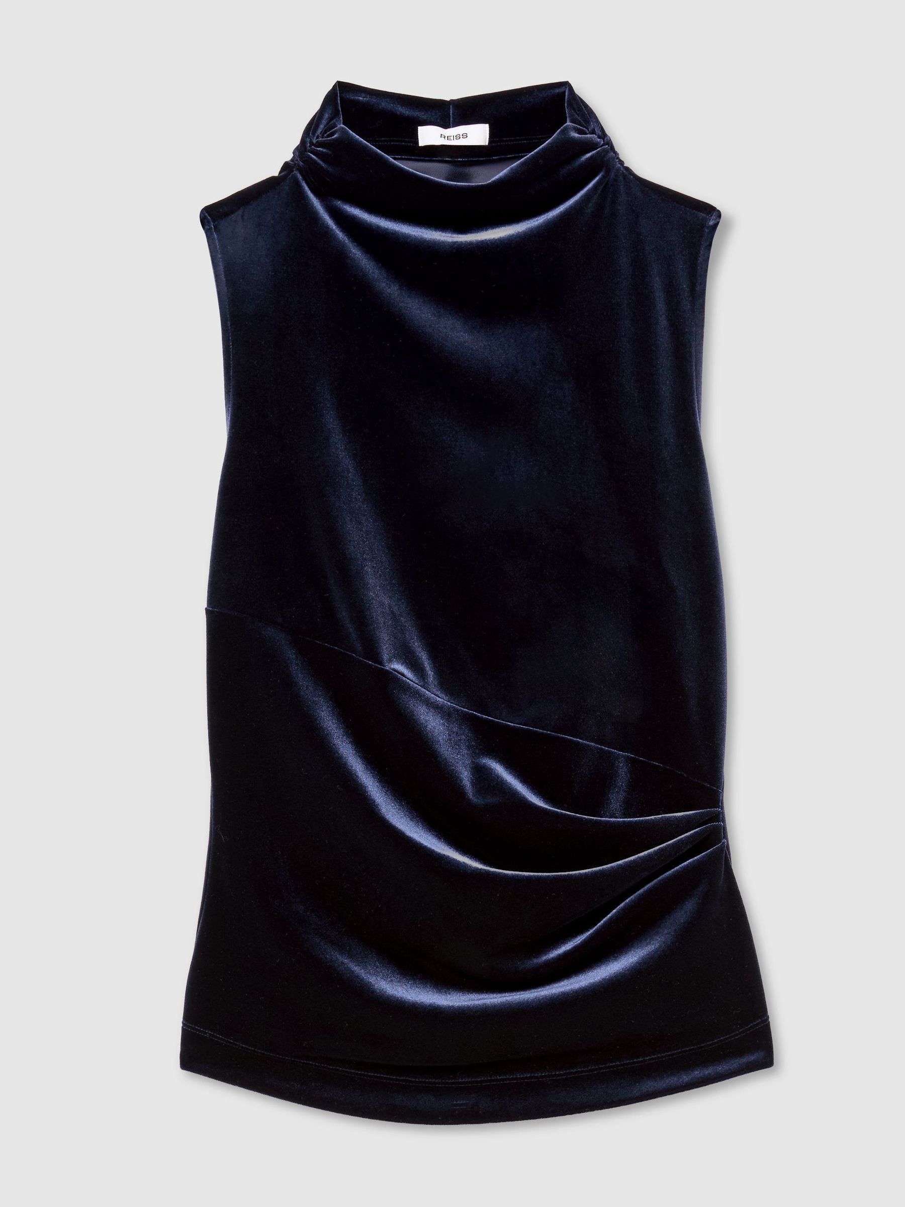 Velvet High-Neck Sleeveless Top in Navy - Image 2 of 6