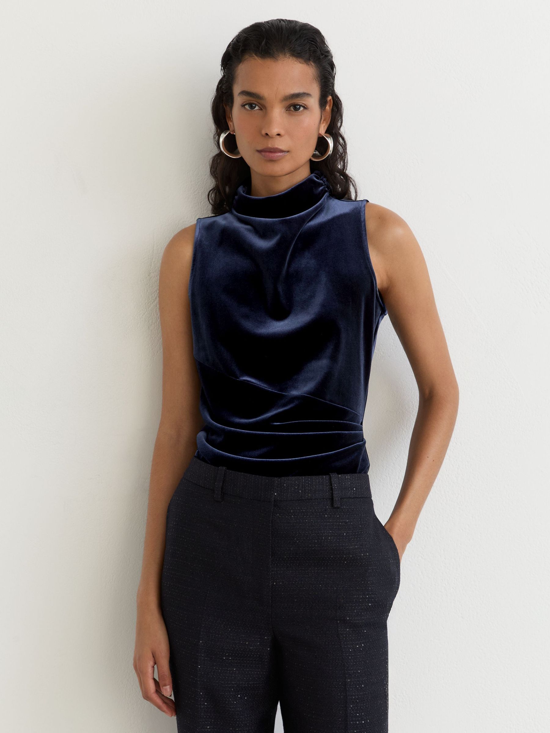 Velvet High-Neck Sleeveless Top in Navy - Image 4 of 6