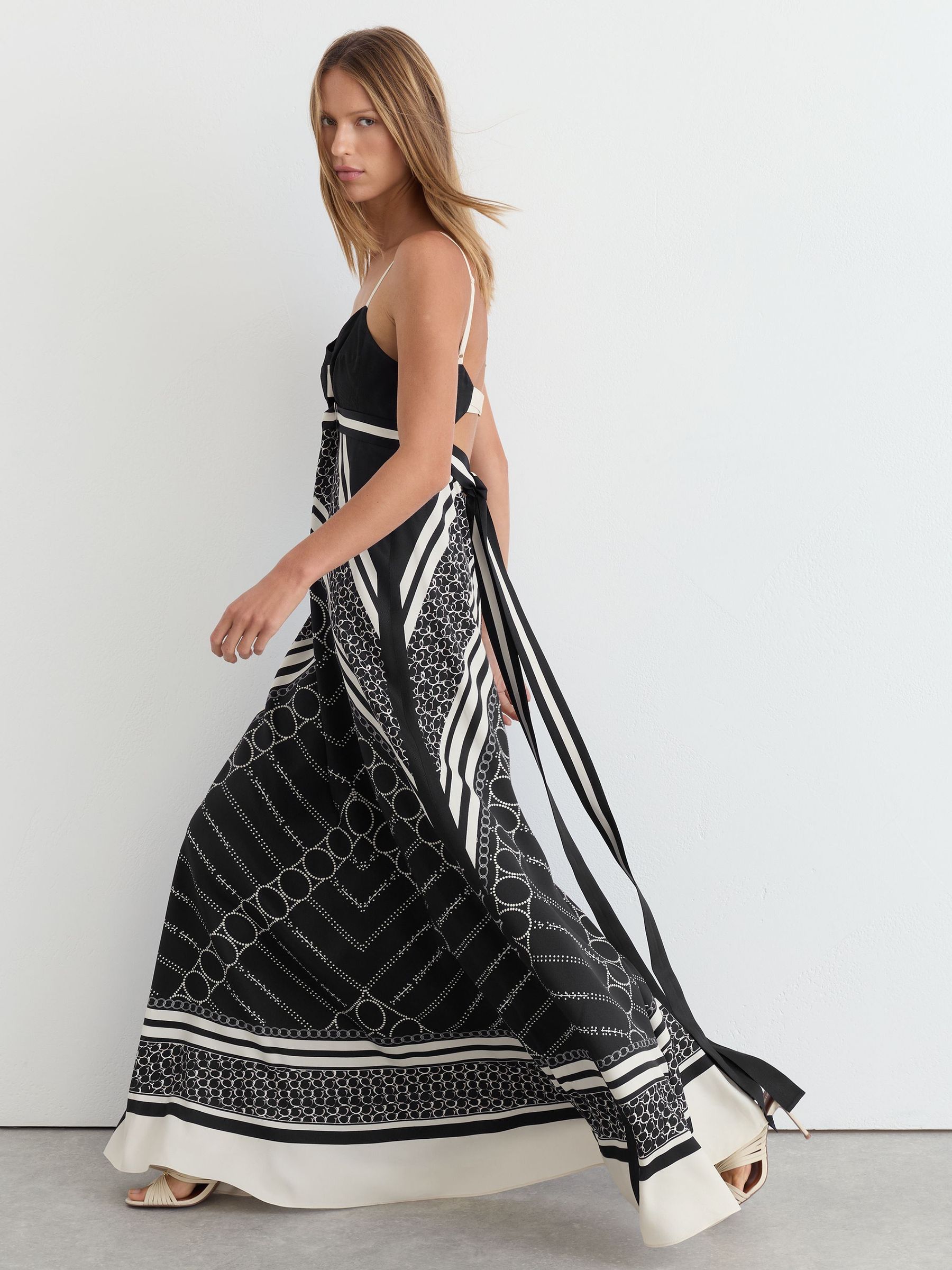 Scarf-Print Tie-Back Maxi Dress in Black/Ivory - Image 1 of 7 Scarf-Print Tie-Back Maxi Dress in Black/Ivory - Image 1 of 7
