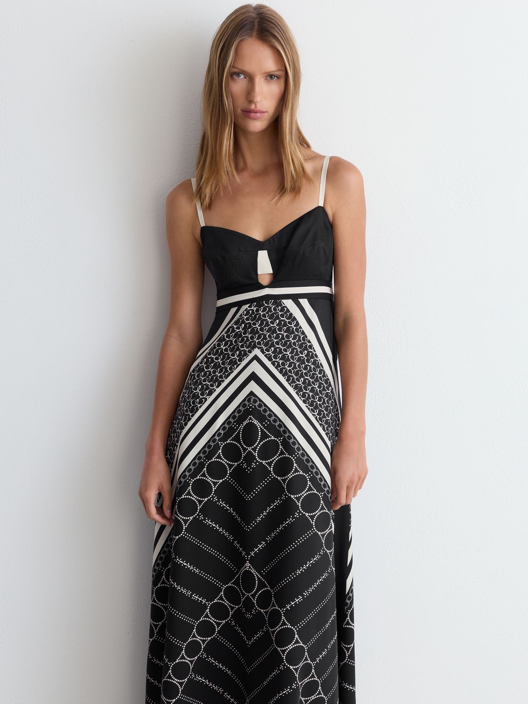 Scarf-Print Tie-Back Maxi Dress in Black/Ivory - Image 3 of 7