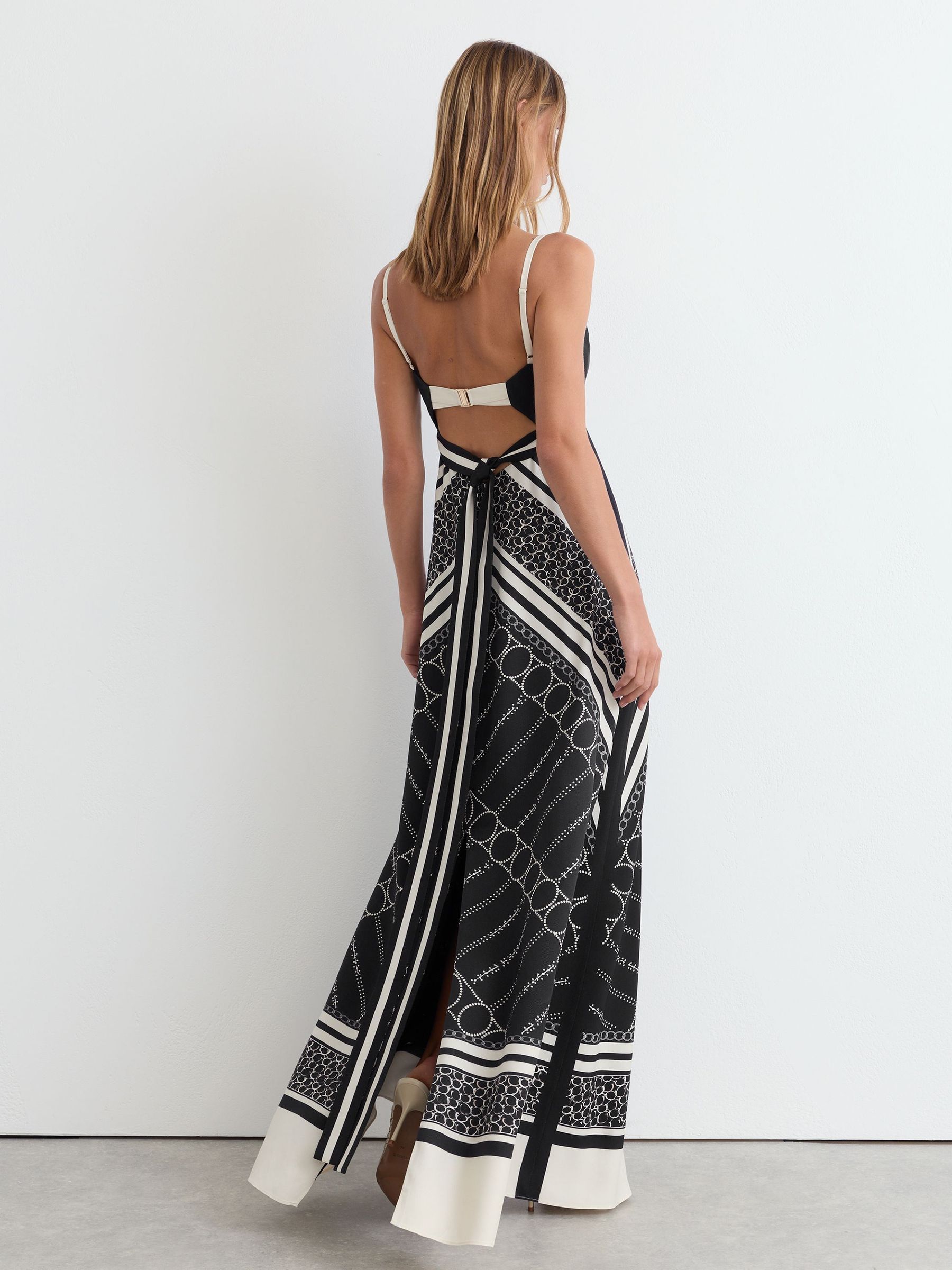 Scarf-Print Tie-Back Maxi Dress in Black/Ivory - Image 5 of 7