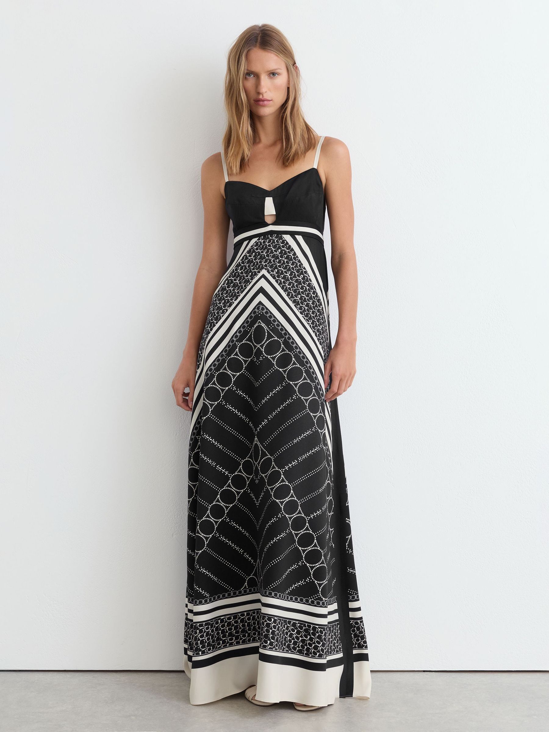 Scarf-Print Tie-Back Maxi Dress in Black/Ivory - Image 6 of 7