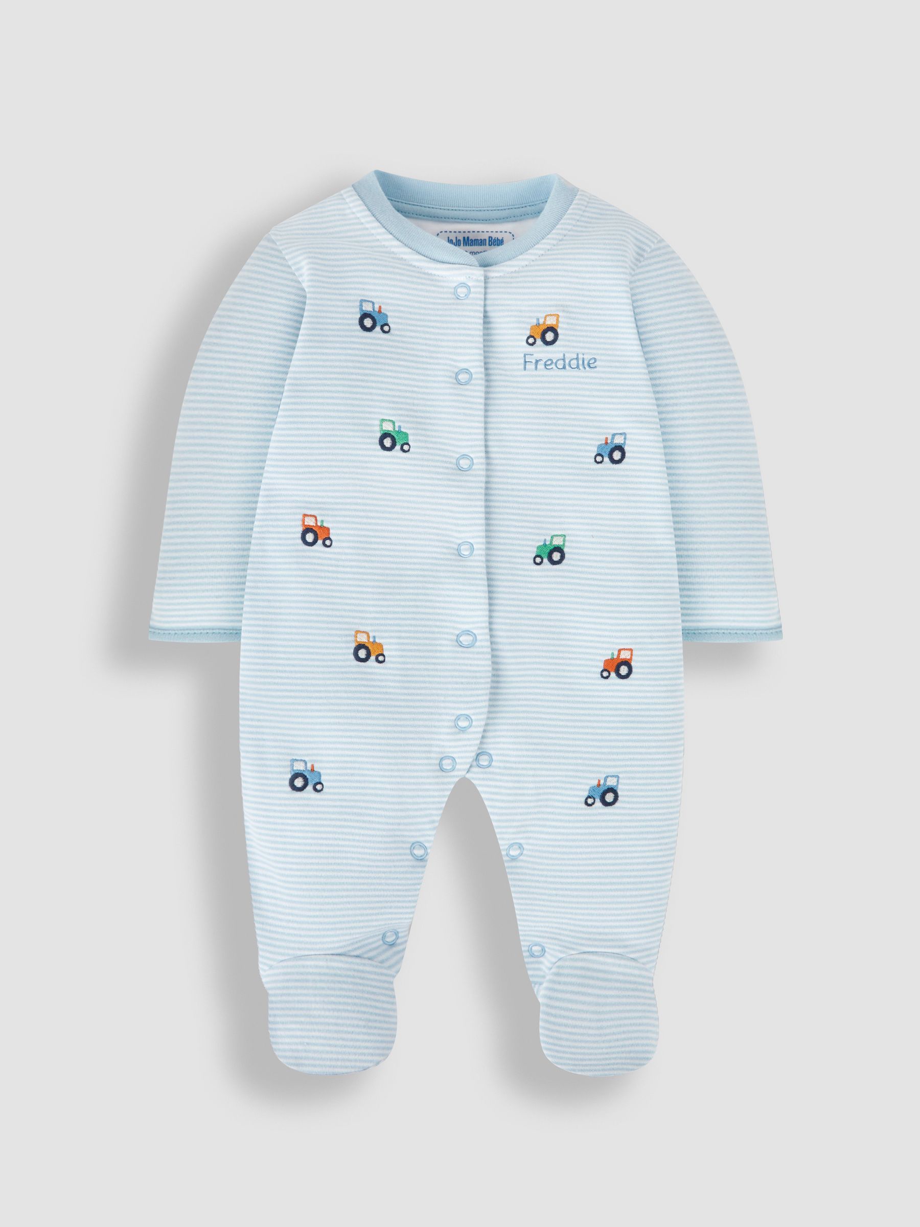 Blue Tractor Baby Personalised Embroidered Cotton Sleepsuit - Image 2 of 4
