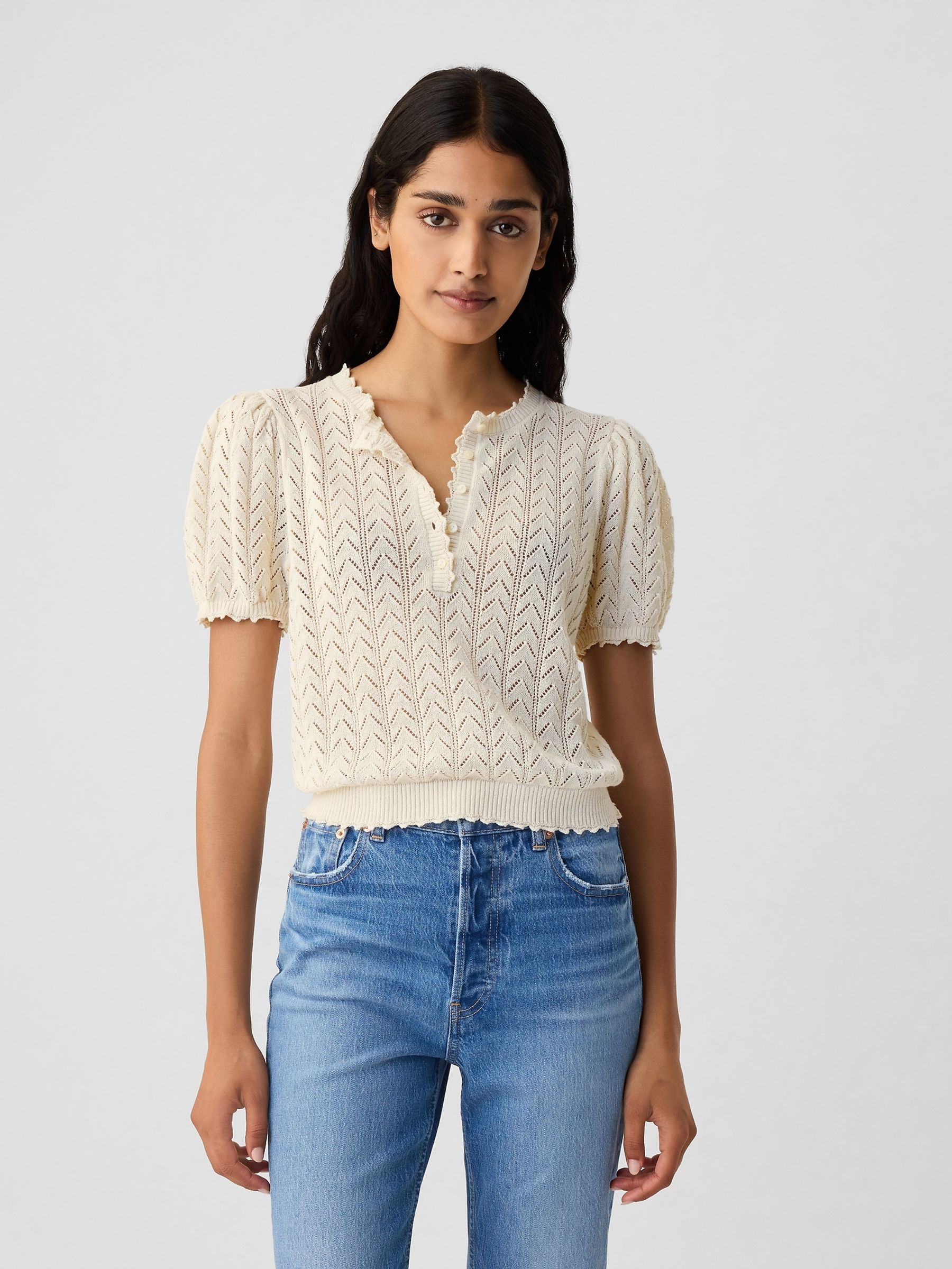 Cream DÔEN Linen-Blend Pointelle Short Sleeve Knit Top - Image 1 of 5