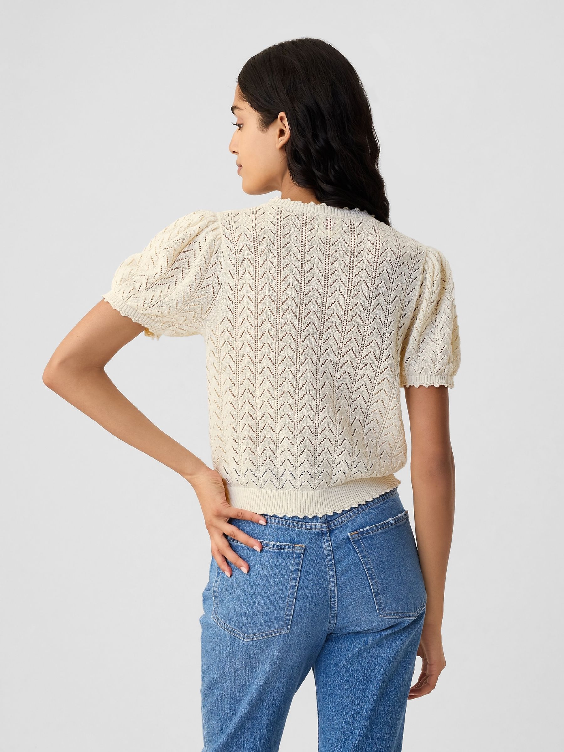 Cream DÔEN Linen-Blend Pointelle Short Sleeve Knit Top - Image 2 of 5