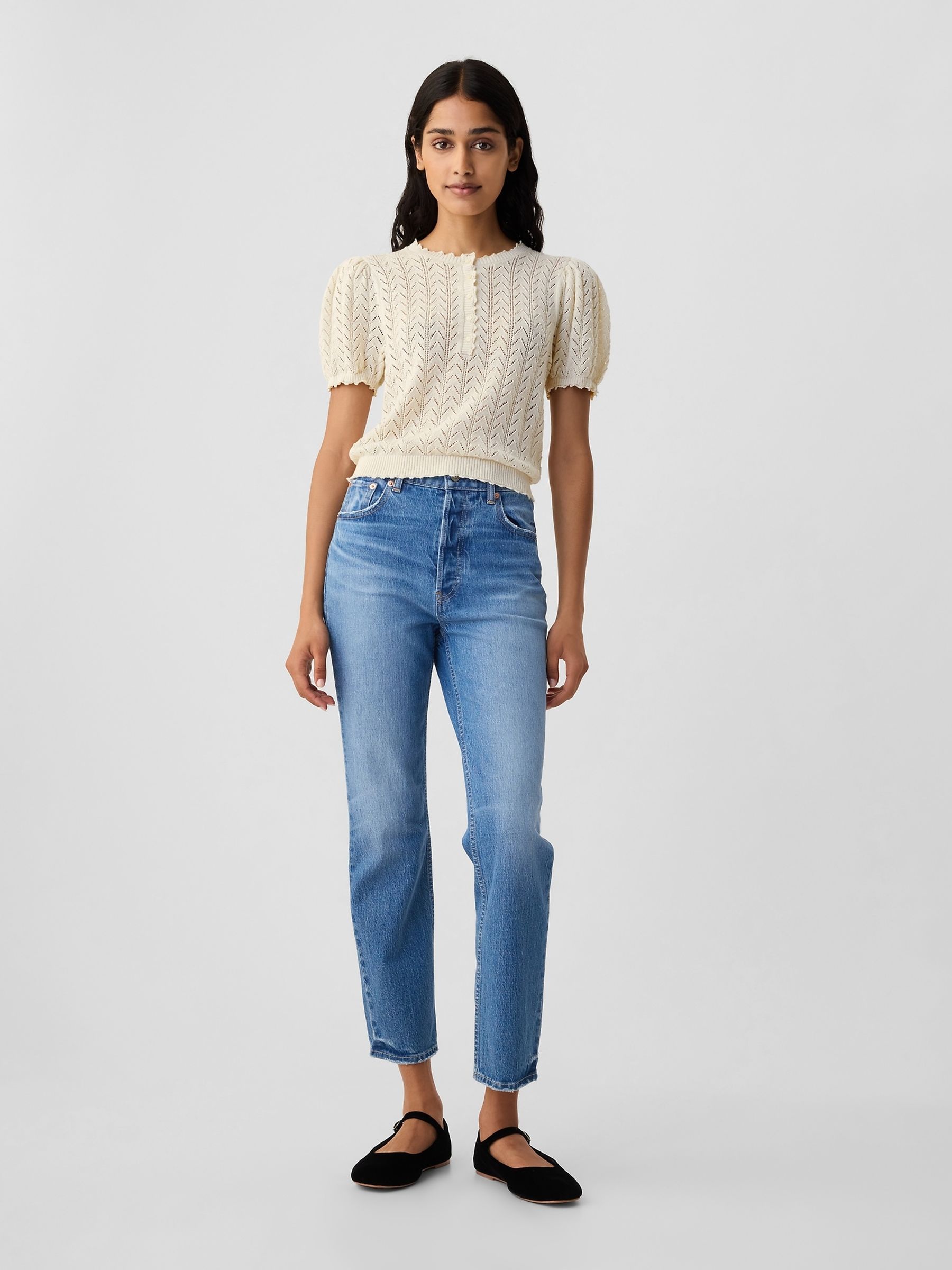 Cream DÔEN Linen-Blend Pointelle Short Sleeve Knit Top - Image 3 of 5