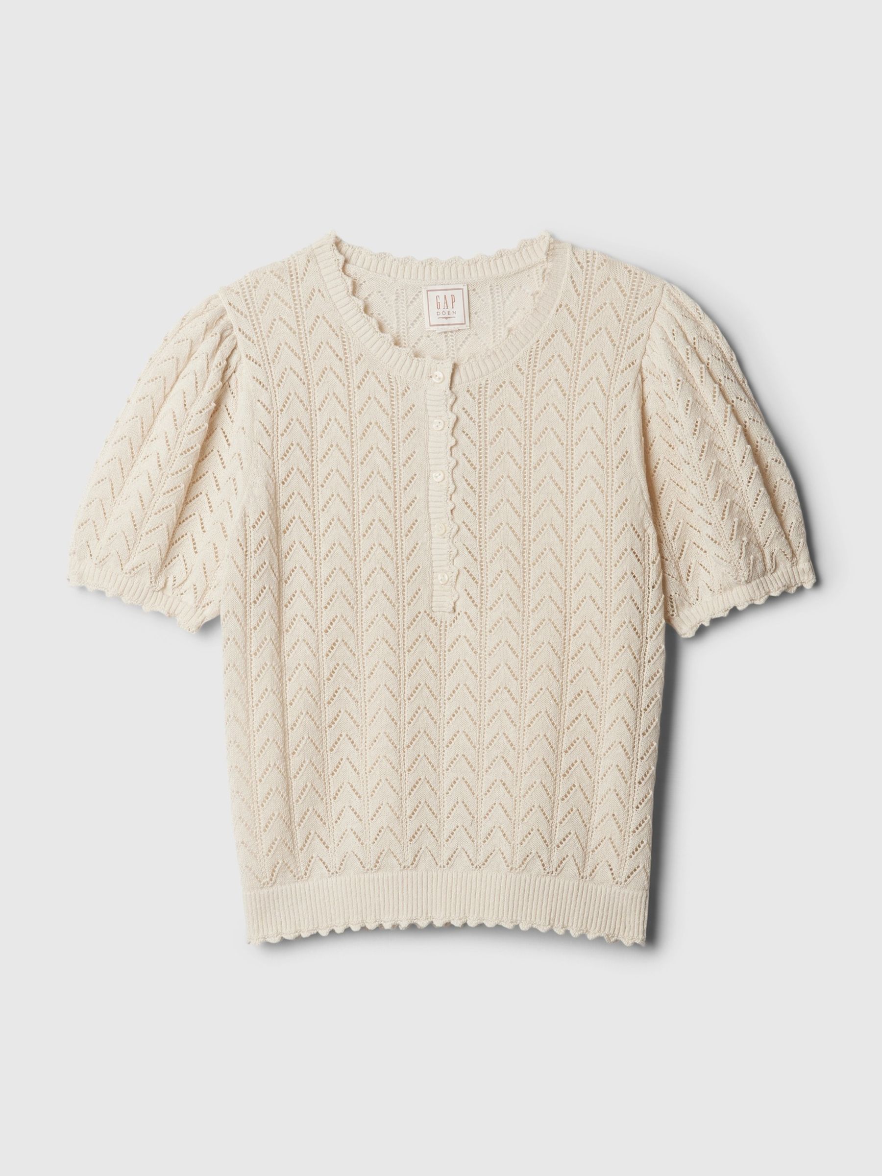 Cream DÔEN Linen-Blend Pointelle Short Sleeve Knit Top - Image 5 of 5