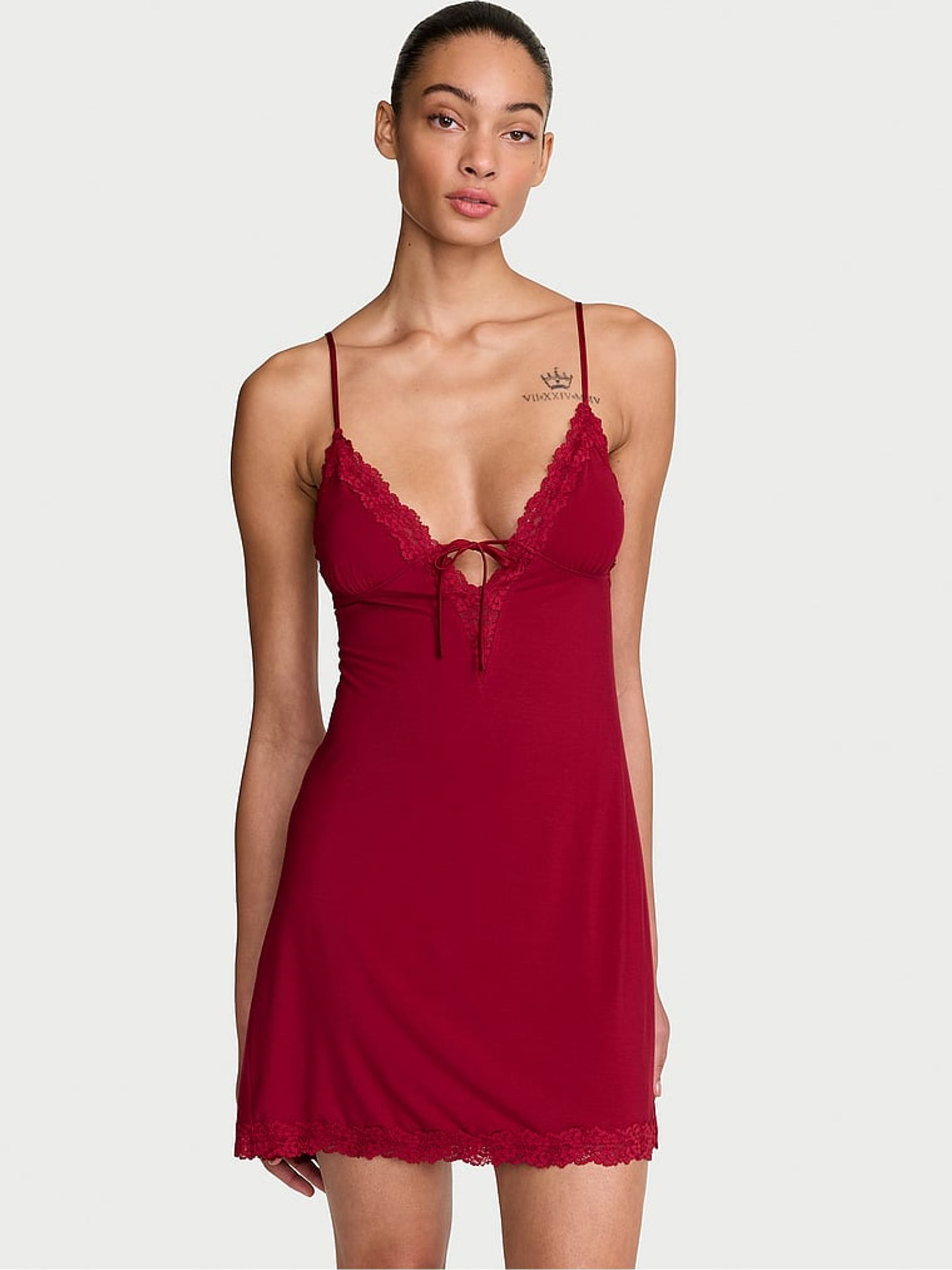 Red Lacquer Modal Lace Trim Tie Front Slip Dress - Image 1 of 2 Red Lacquer Modal Lace Trim Tie Front Slip Dress - Image 1 of 2