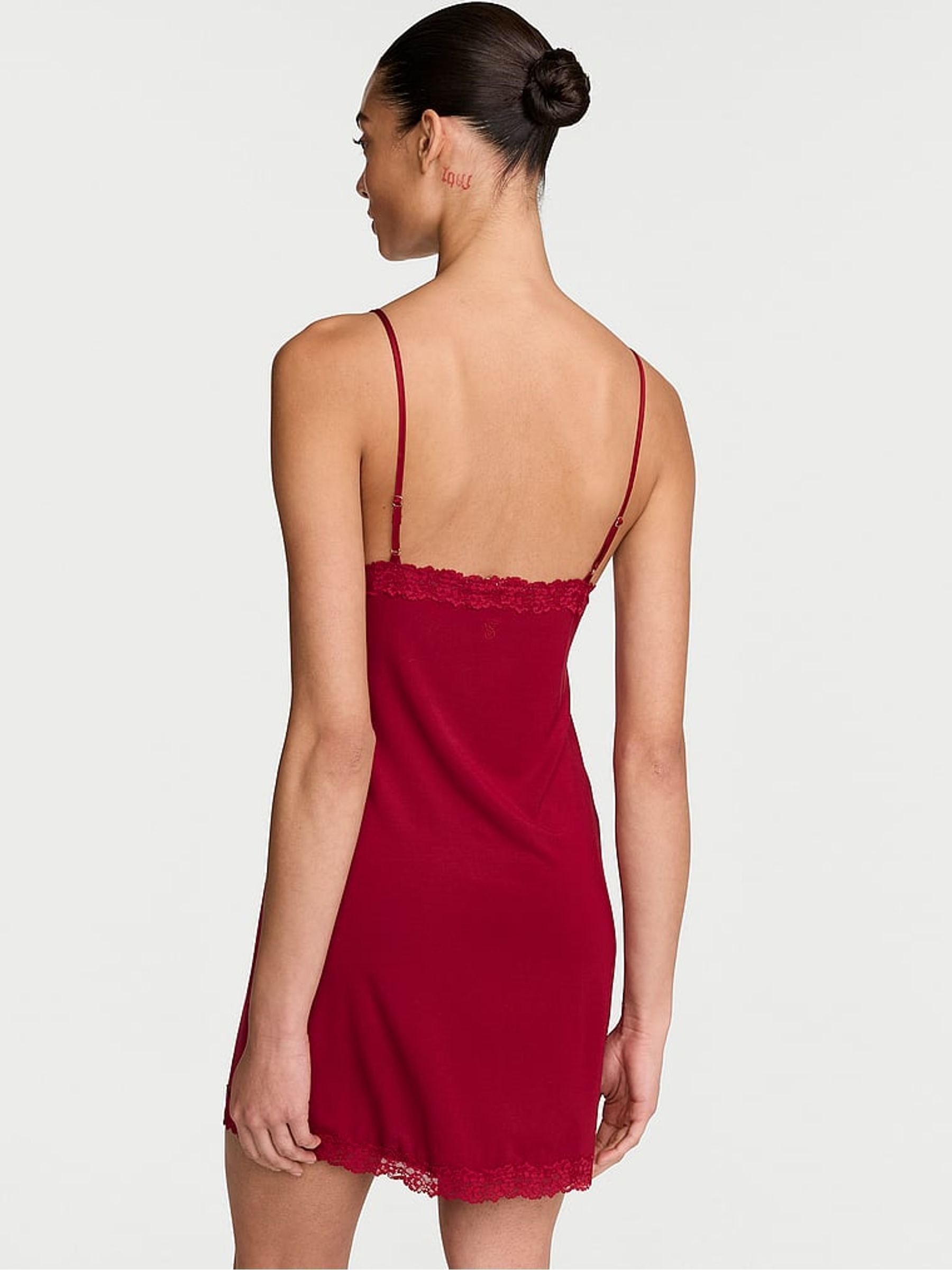 Red Lacquer Modal Lace Trim Tie Front Slip Dress - Image 2 of 2 Red Lacquer Modal Lace Trim Tie Front Slip Dress - Image 2 of 2