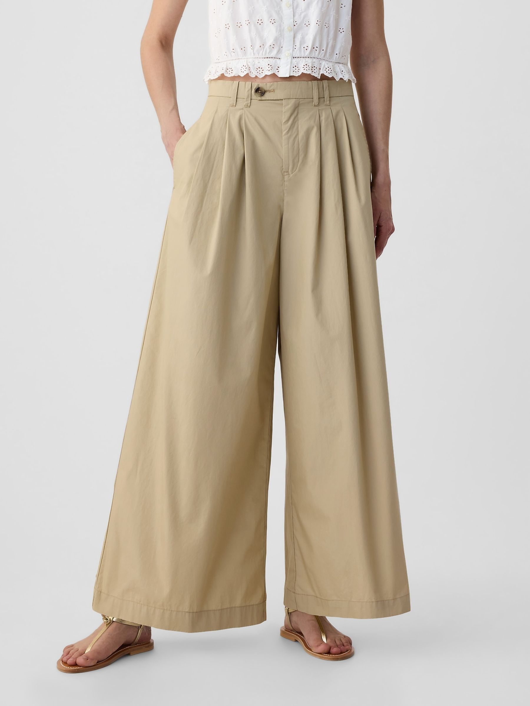 Beige DÔEN High Waisted Wide Leg Chino Trousers - Image 1 of 5