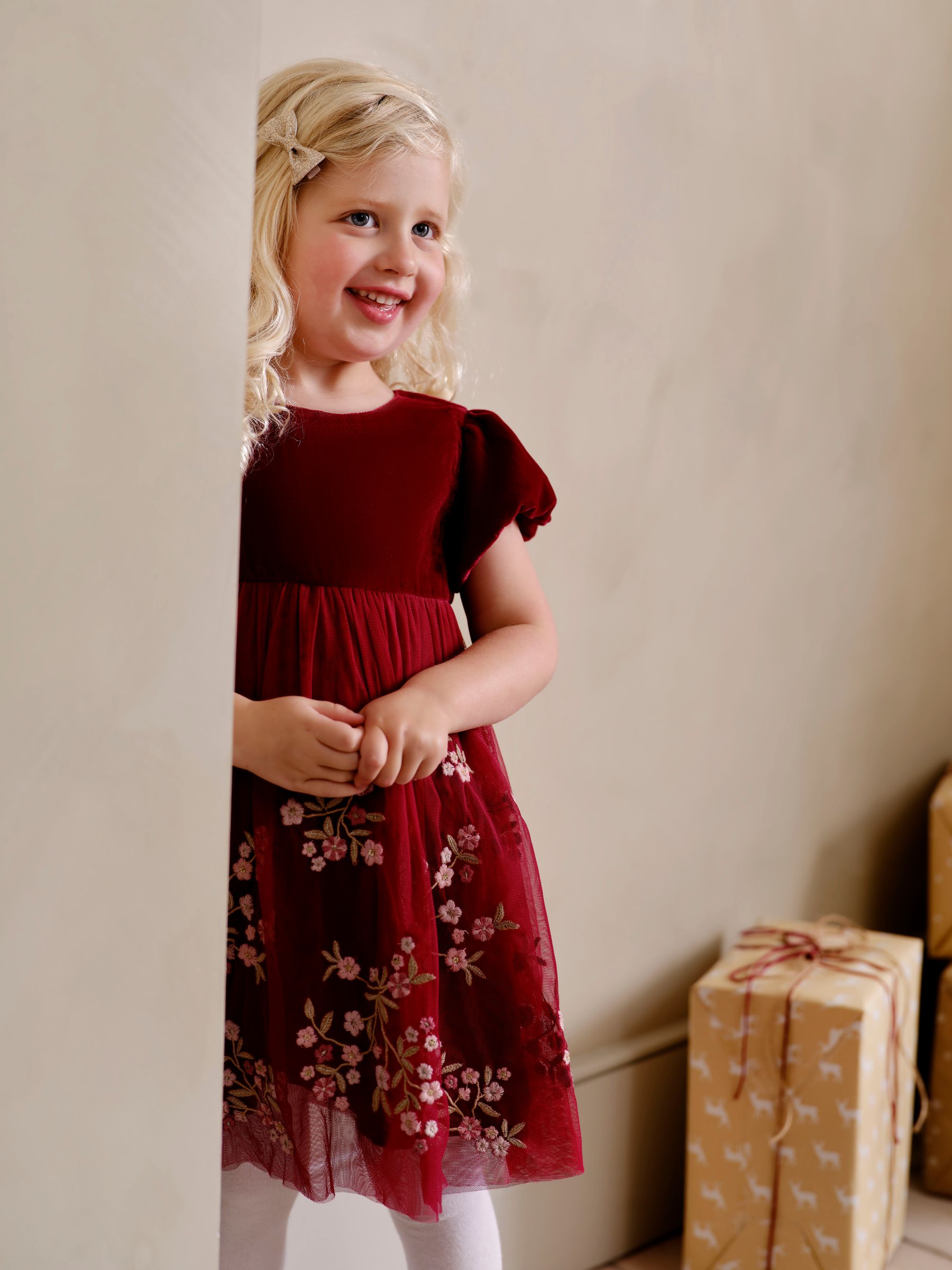 Berry Pink Floral Embroidered Tulle Party Dress - Image 1 of 5