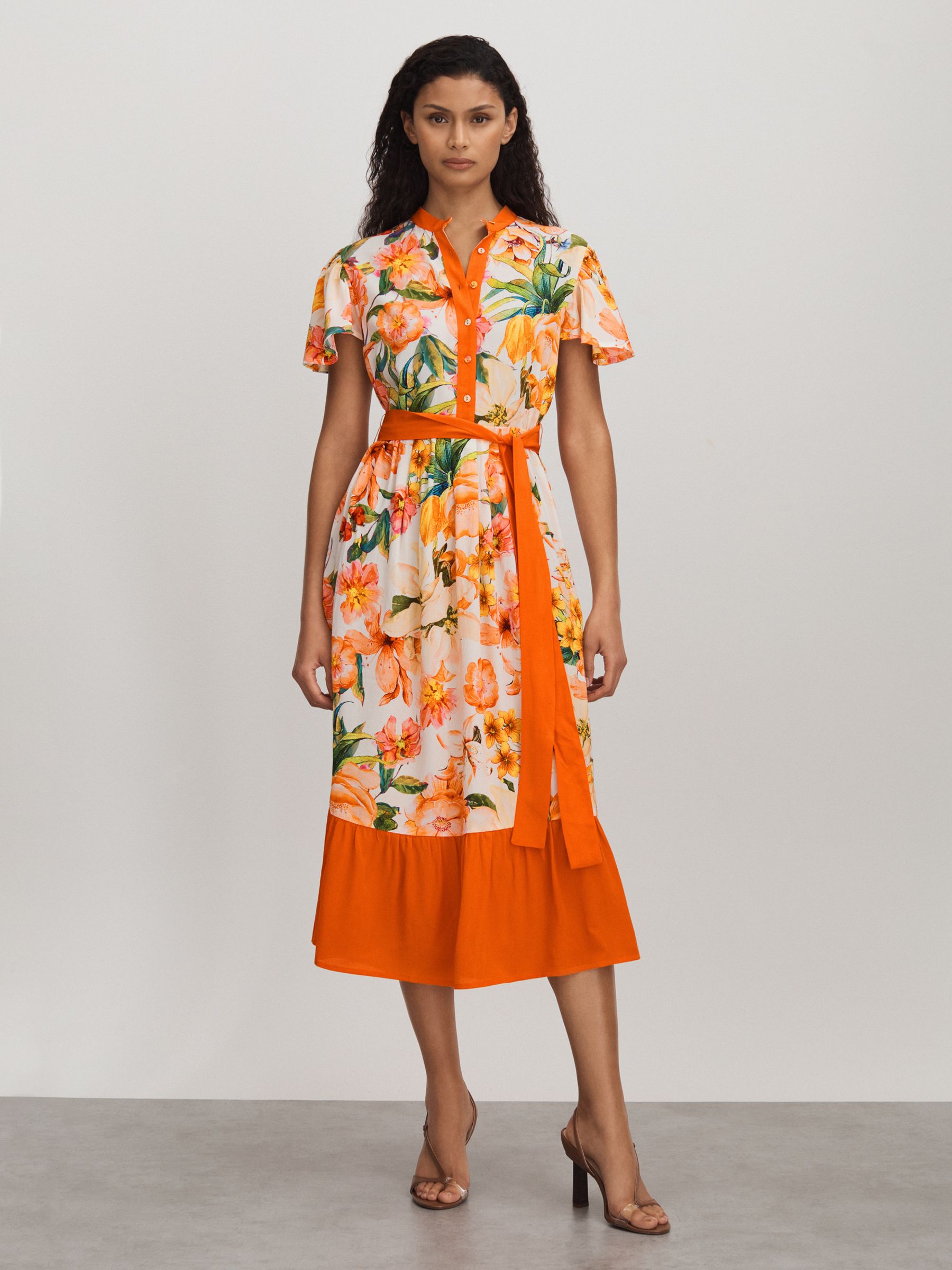 Raishma Silk Floaty Sleeve Midi Dress in Orange - Image 1 of 5