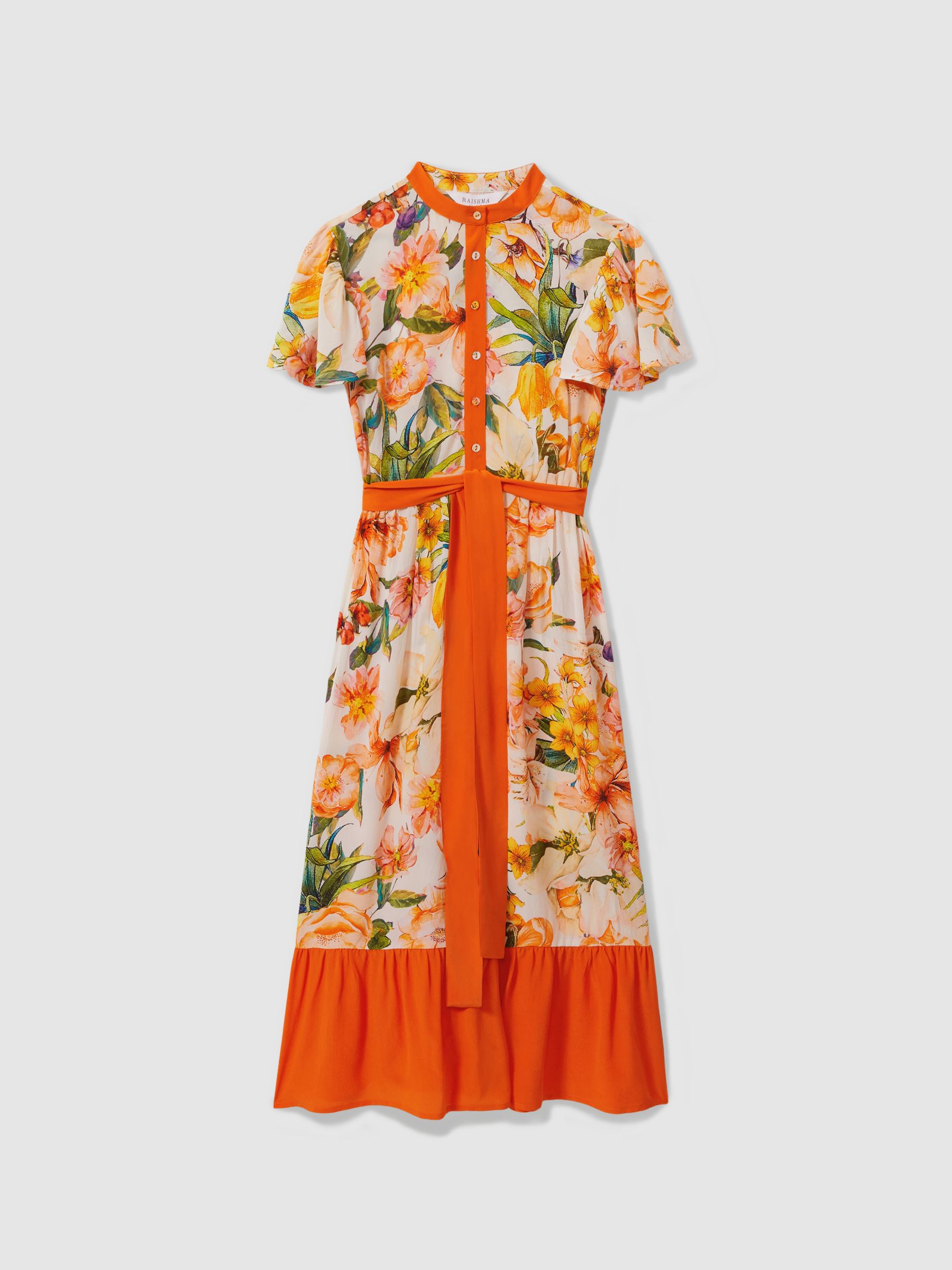 Raishma Silk Floaty Sleeve Midi Dress in Orange - Image 2 of 5