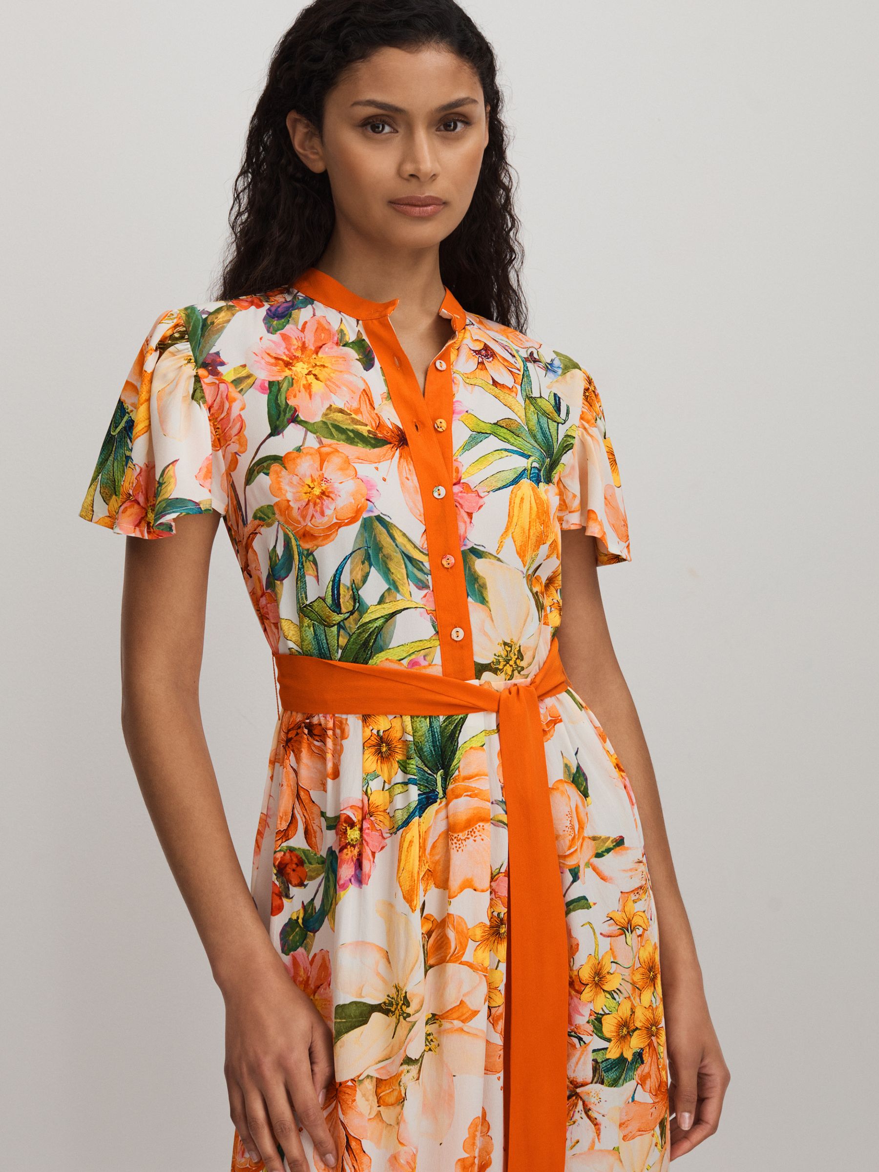 Raishma Silk Floaty Sleeve Midi Dress in Orange - Image 3 of 5