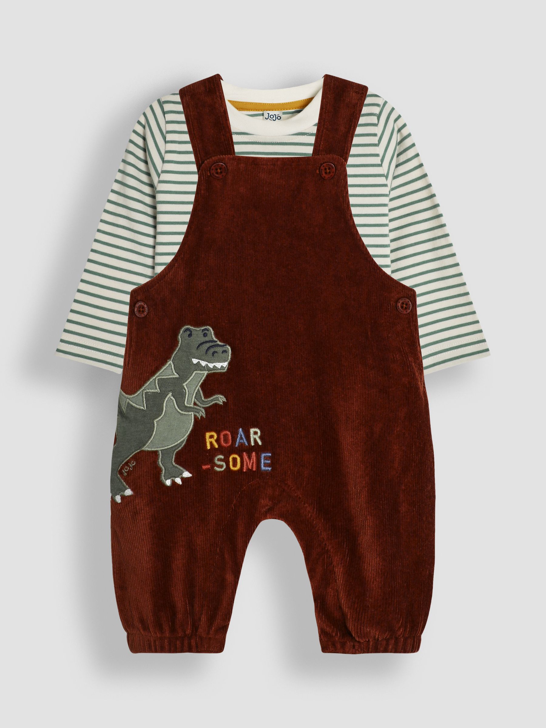 Brown T-Rex Applique Velour Dungarees & Top Set - Image 1 of 6
