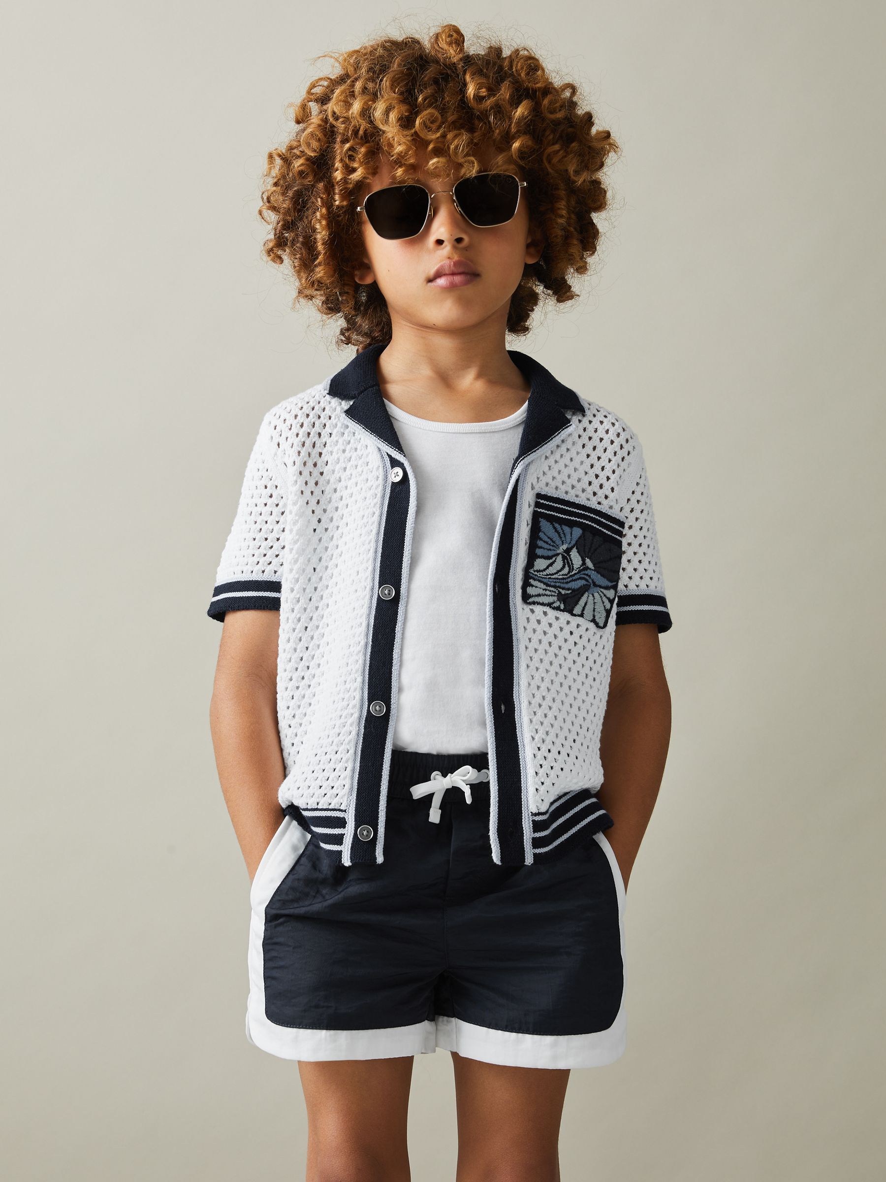 3-9 yrs Open-Stitch Embroidered Cuban Collar Shirt in White/Blue - Image 1 of 4