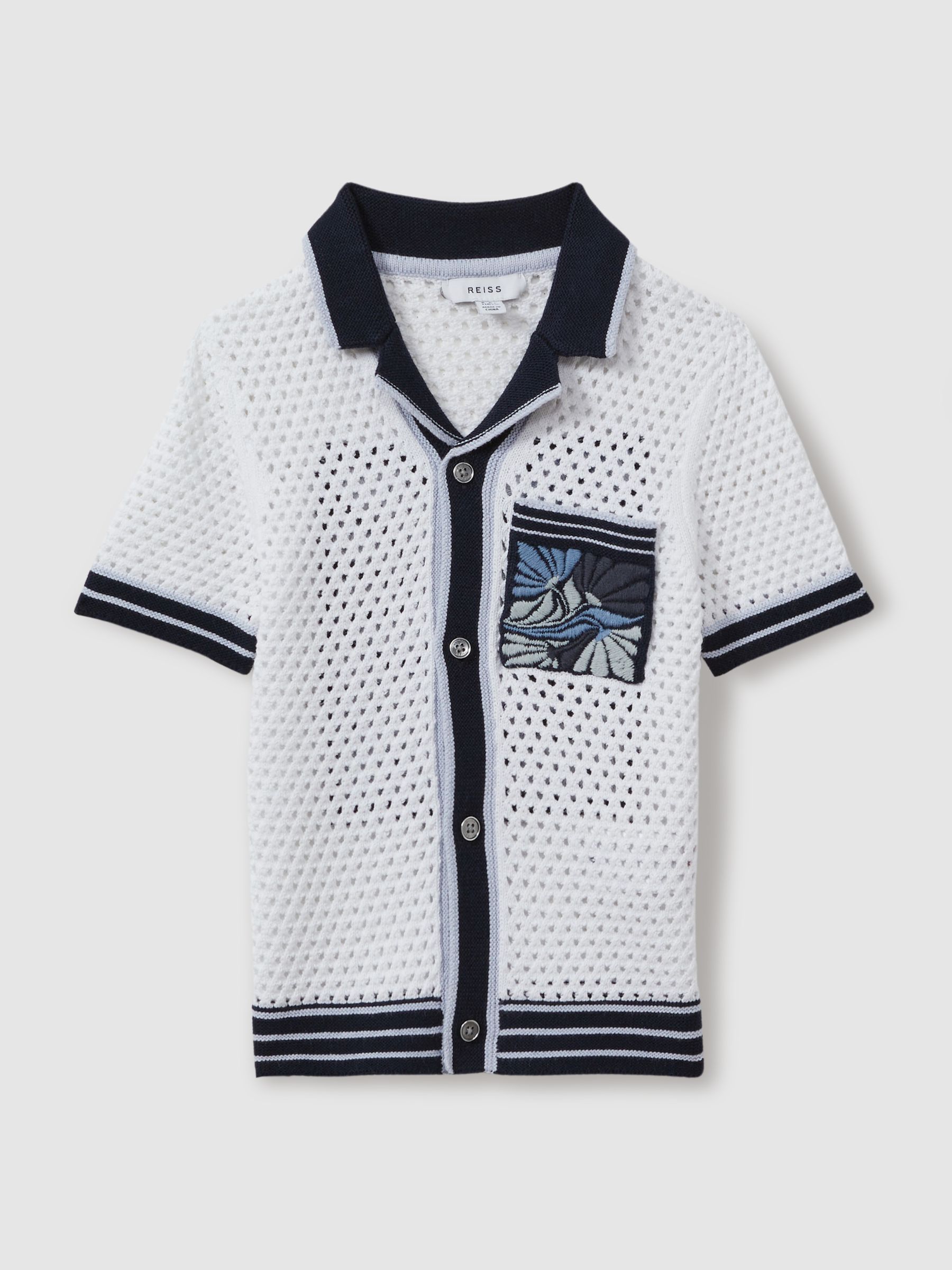 3-9 yrs Open-Stitch Embroidered Cuban Collar Shirt in White/Blue - Image 2 of 4