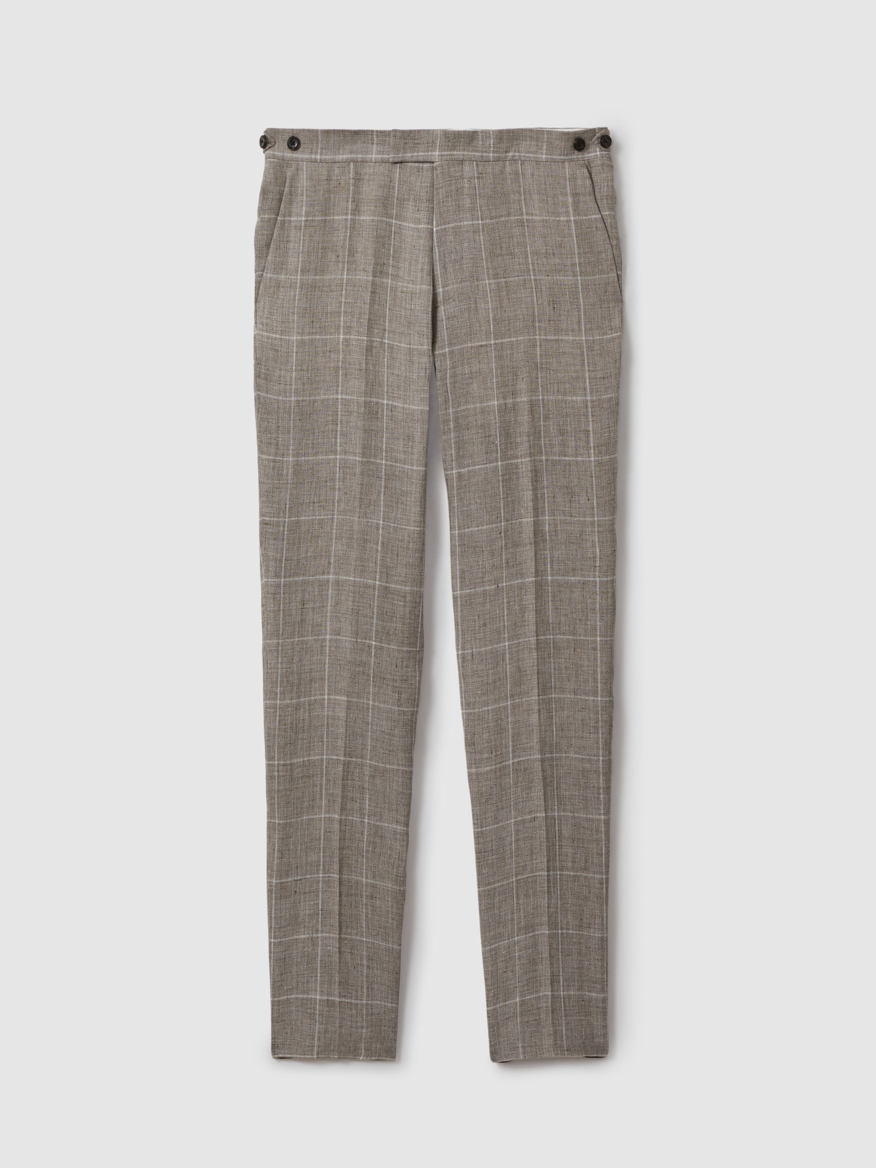 Burgess Light Taupe 100% Linen Side Adjuster Check Slim Fit Trousers - Image 2 of 5