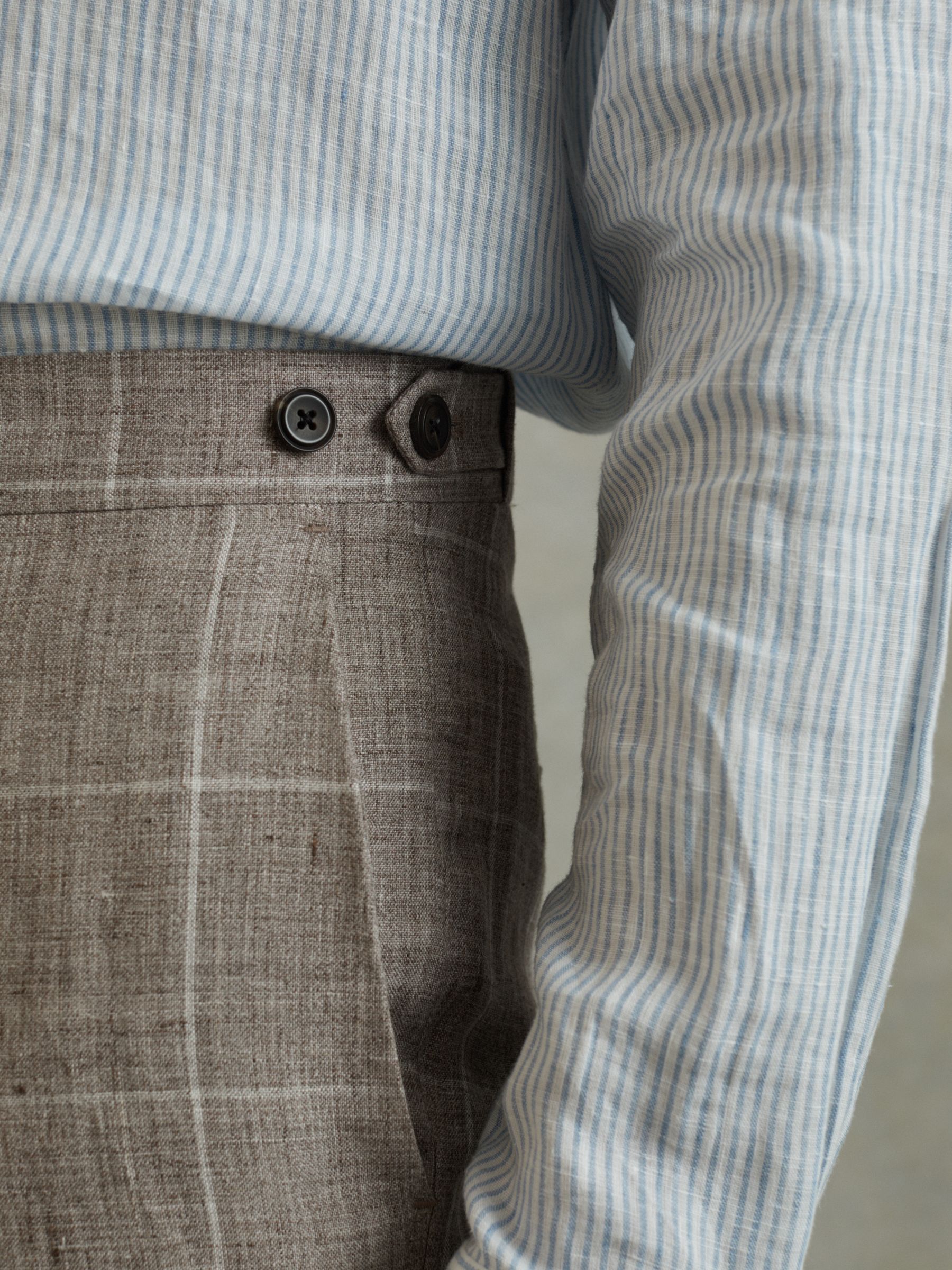 Burgess Light Taupe 100% Linen Side Adjuster Check Slim Fit Trousers - Image 3 of 5