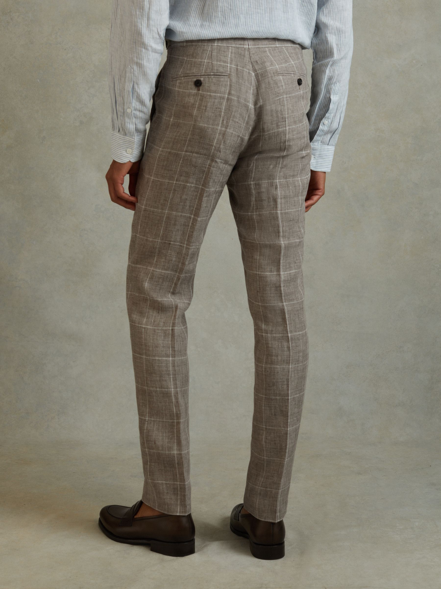 Burgess Light Taupe 100% Linen Side Adjuster Check Slim Fit Trousers - Image 4 of 5