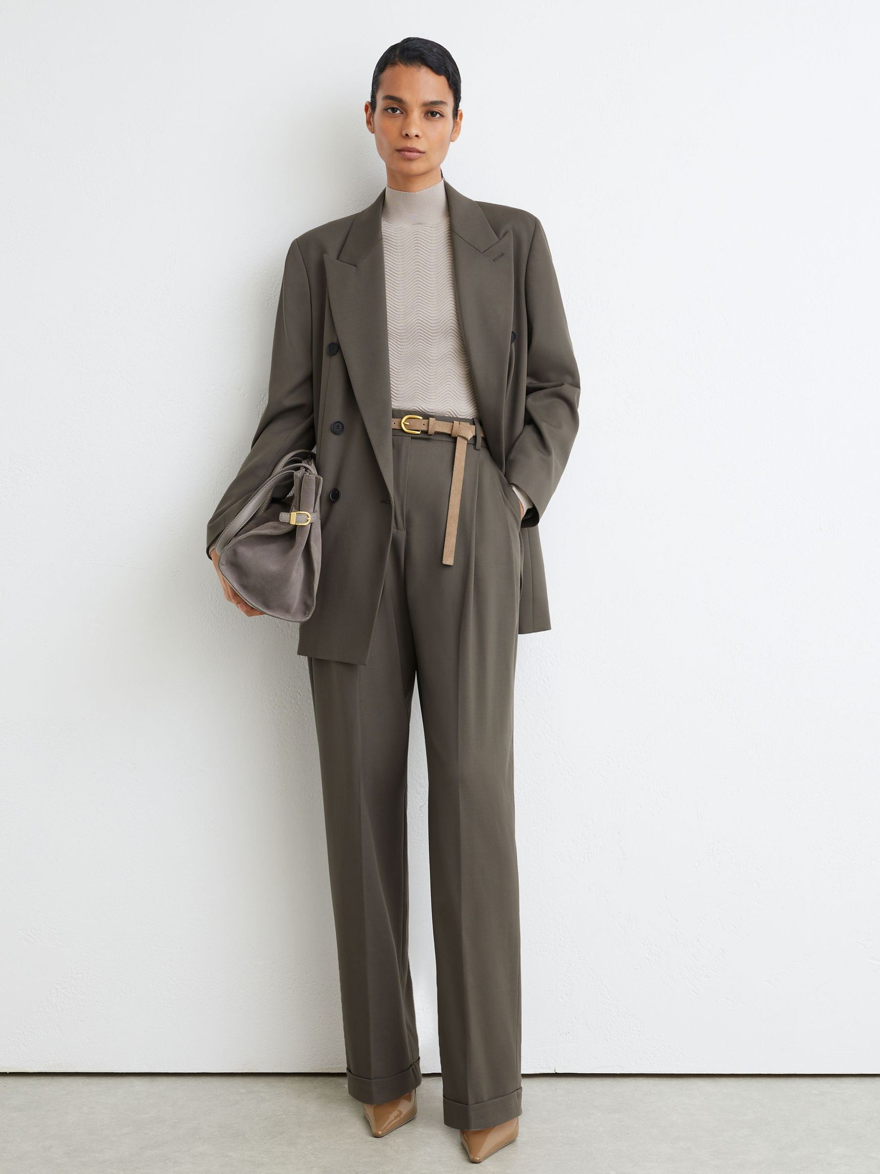 Petite Wool-Blend Wide-Leg Pleated Suit Trousers in Sage Green - Image 1 of 8