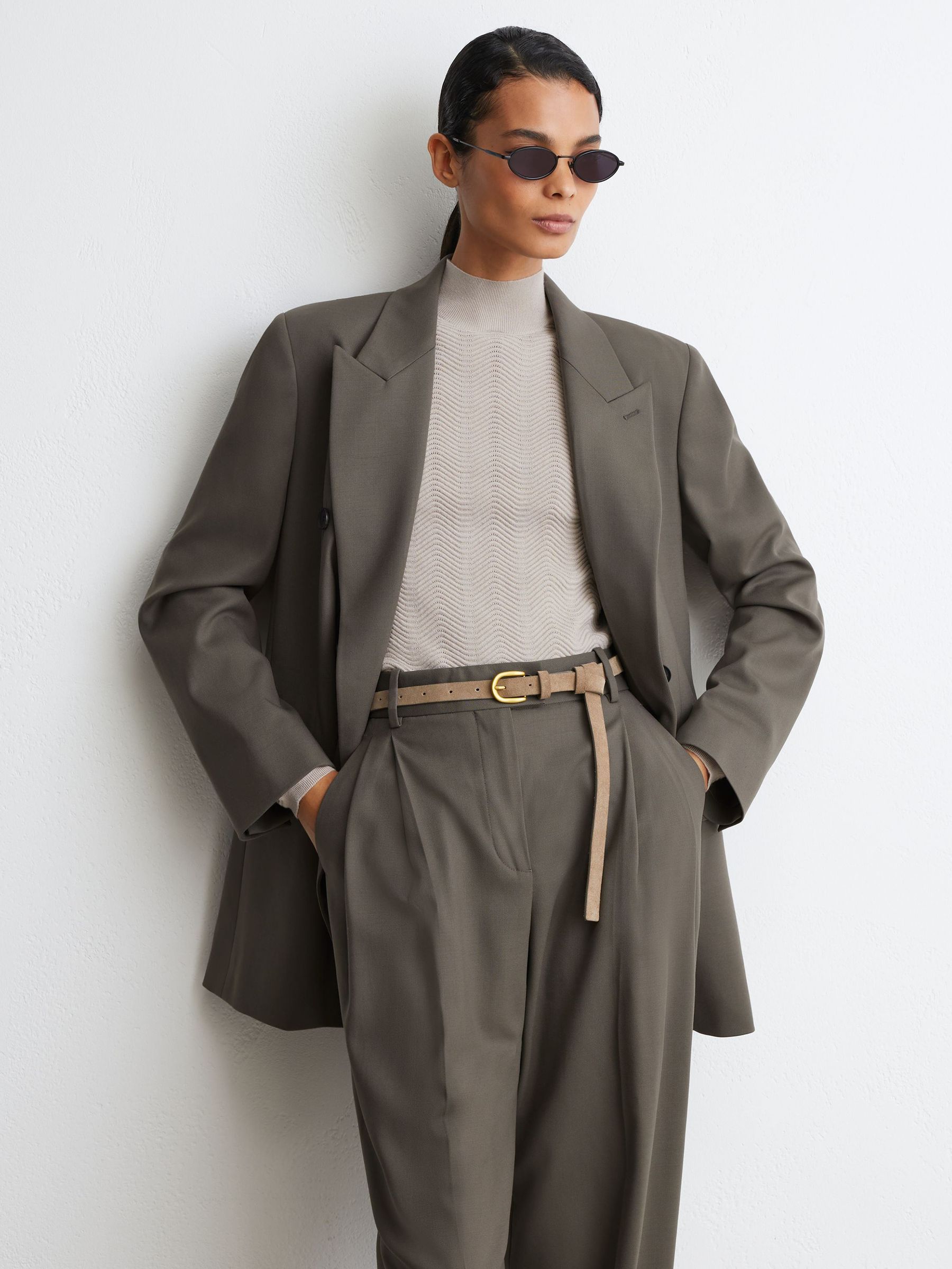 Petite Wool-Blend Wide-Leg Pleated Suit Trousers in Sage Green - Image 3 of 8