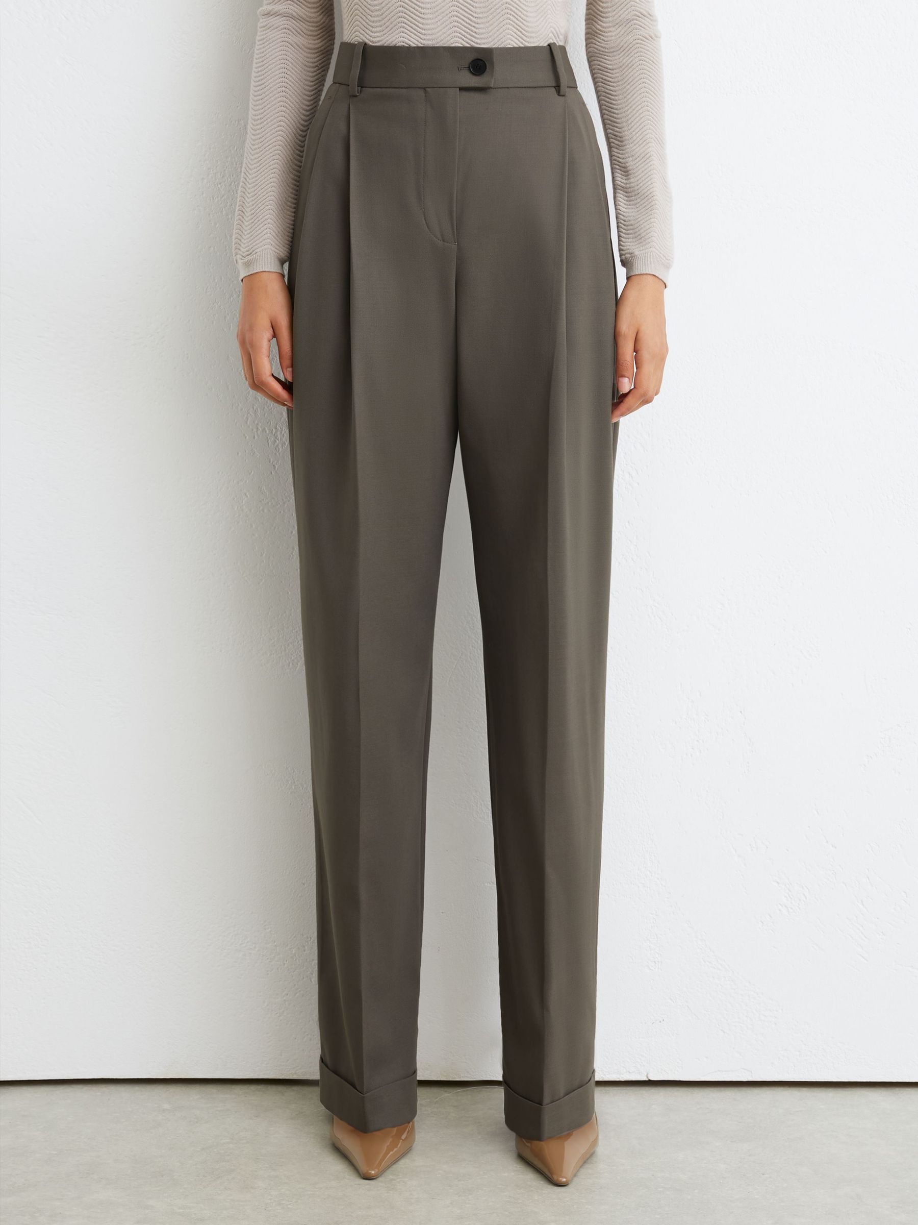 Petite Wool-Blend Wide-Leg Pleated Suit Trousers in Sage Green - Image 4 of 8