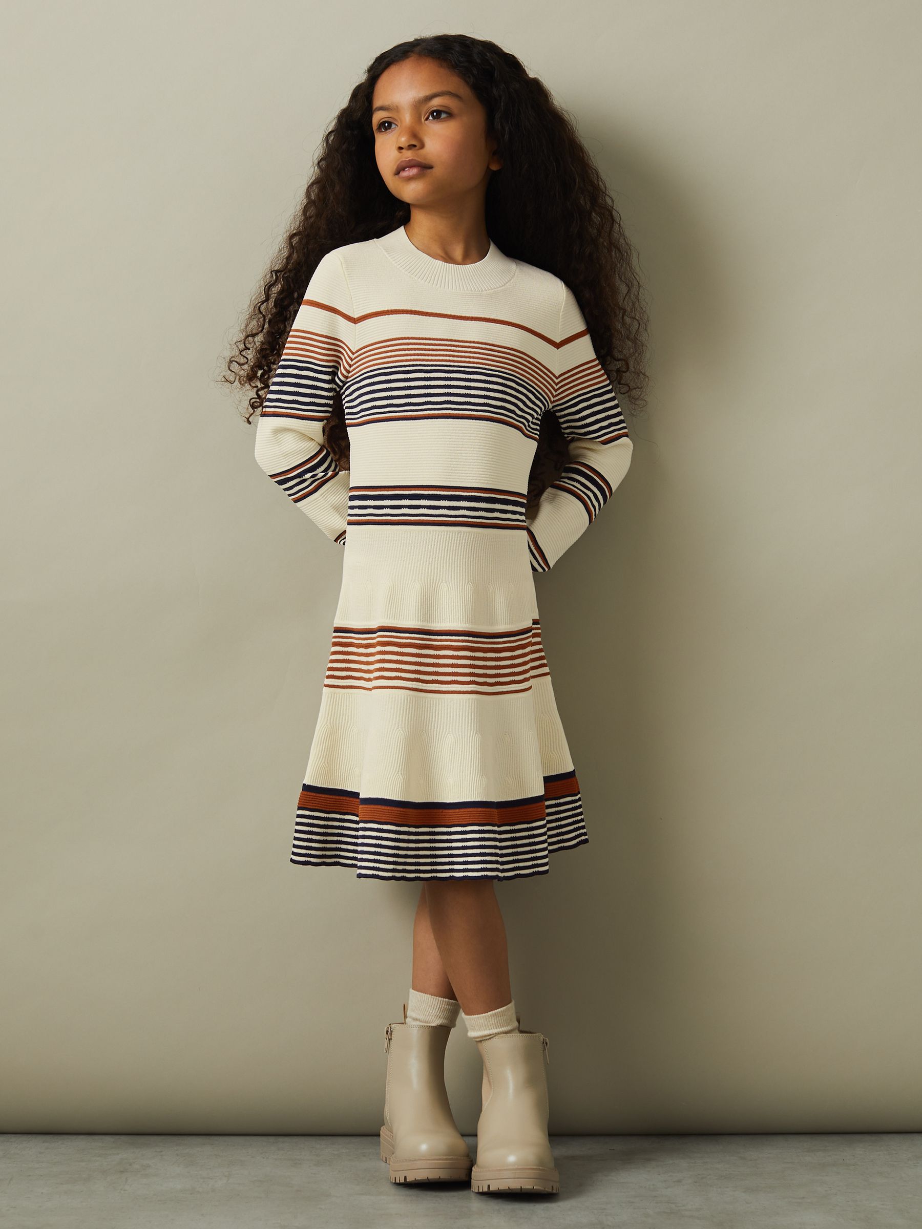 4-9 yrs Knitted Striped Skater Dress in Camel - Image 1 of 4