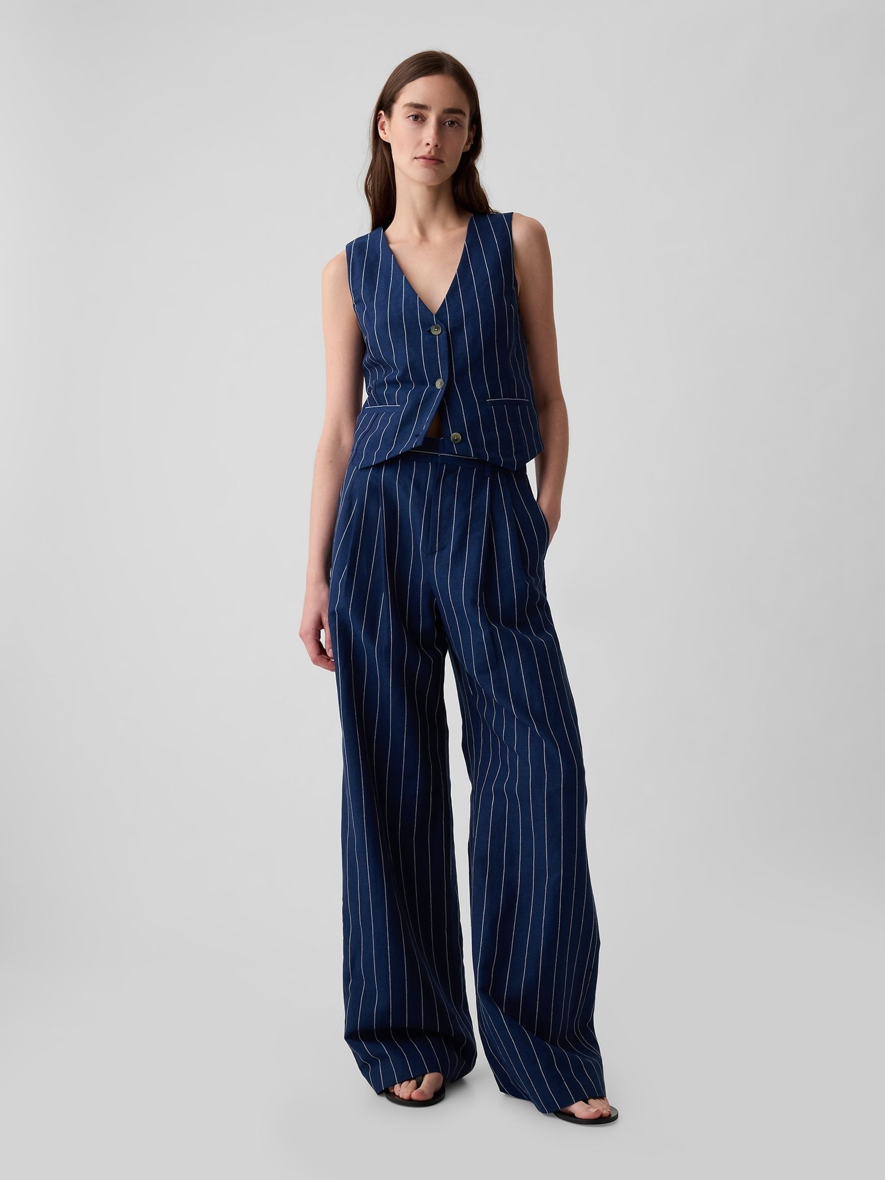 Navy Blue Pinstripe Linen Cotton Waistcoat - Image 3 of 4