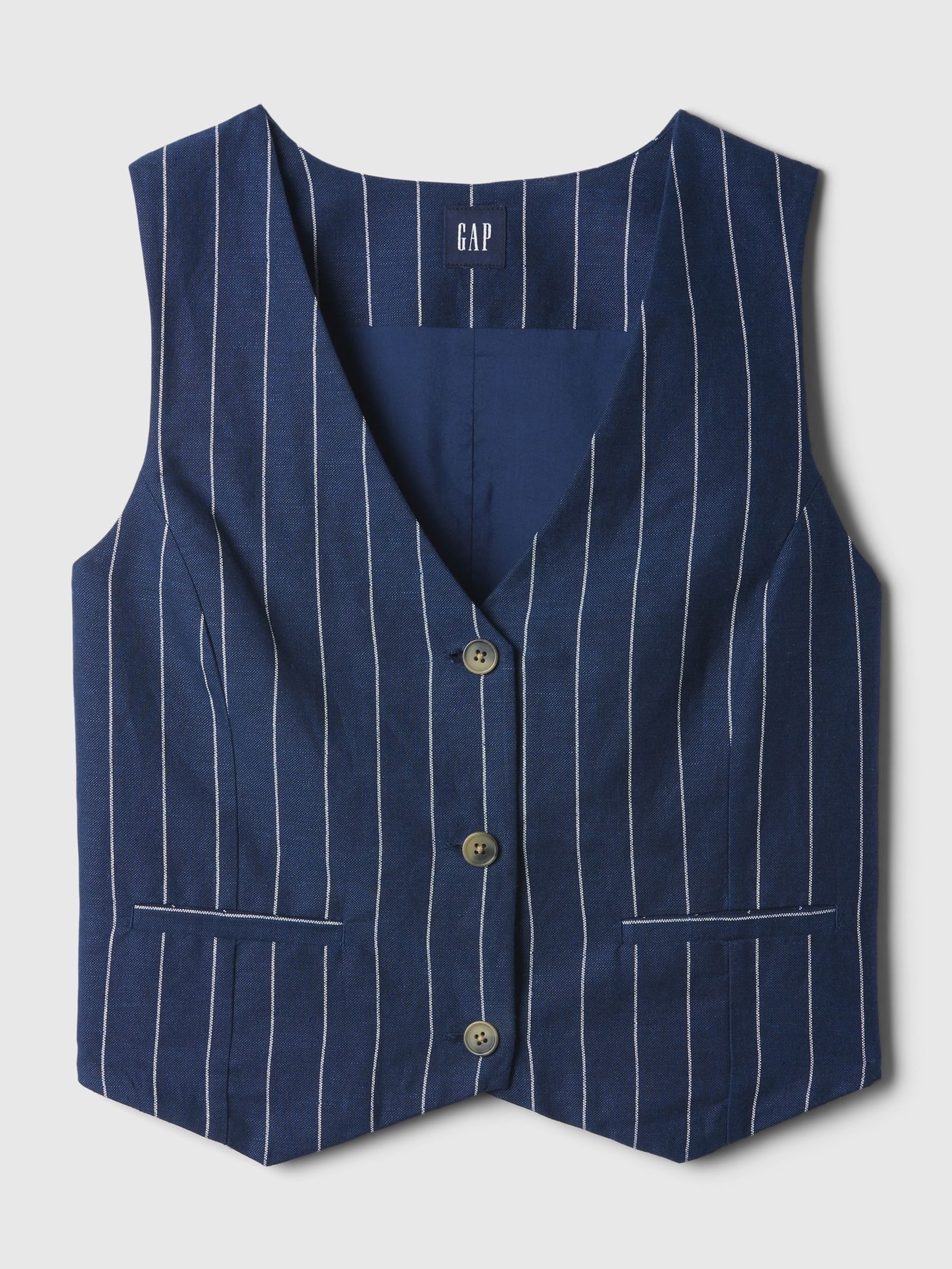 Navy Blue Pinstripe Linen Cotton Waistcoat - Image 4 of 4