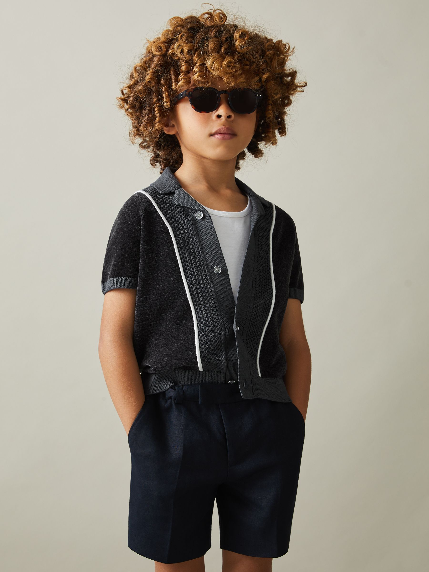 9-13 yrs Hybrid Velour Cuban Collar Shirt in Steel Blue - Image 1 of 4