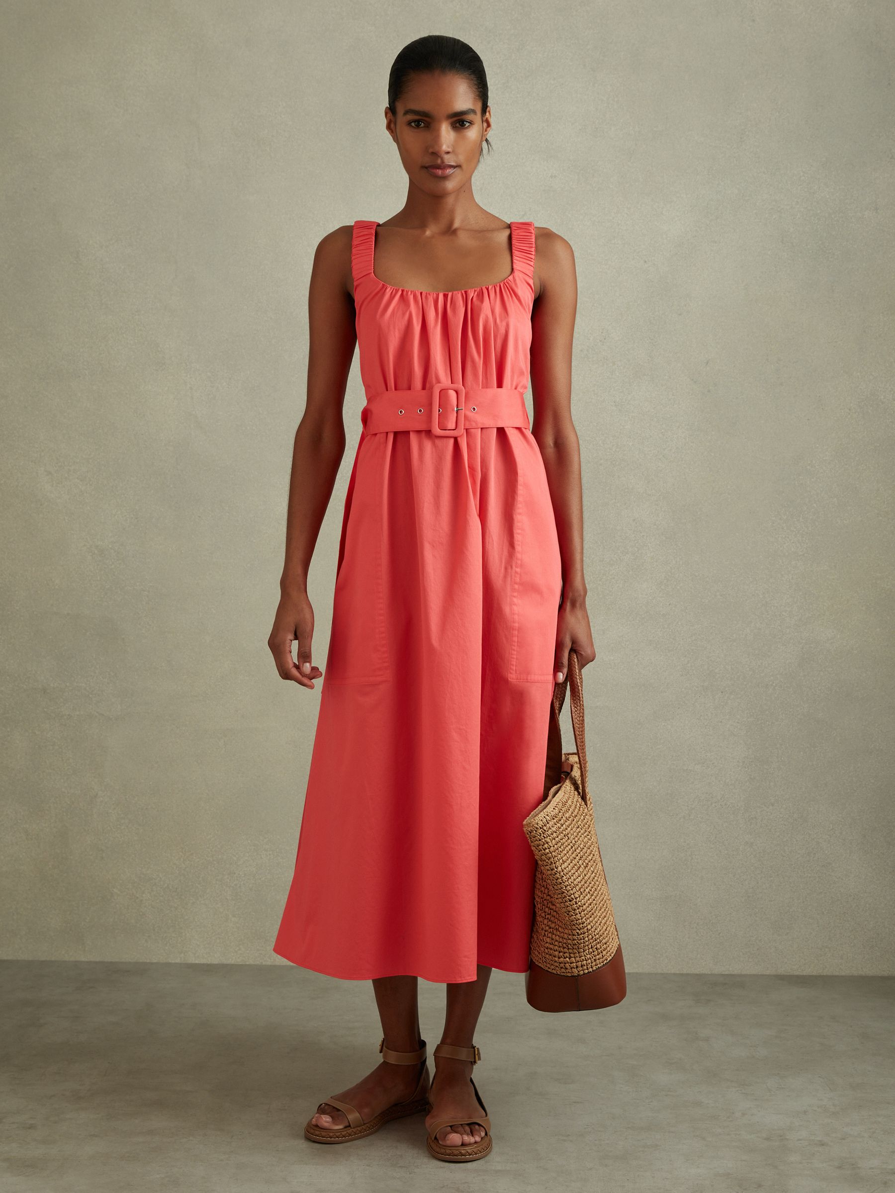 Cotton Ruched Strap Belted Midi Dress in Coral - Image 1 of 6