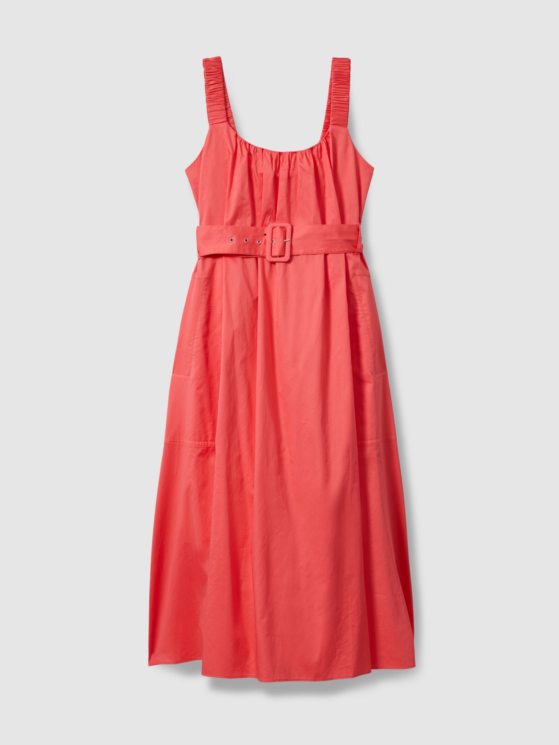Cotton Ruched Strap Belted Midi Dress in Coral - Image 2 of 6