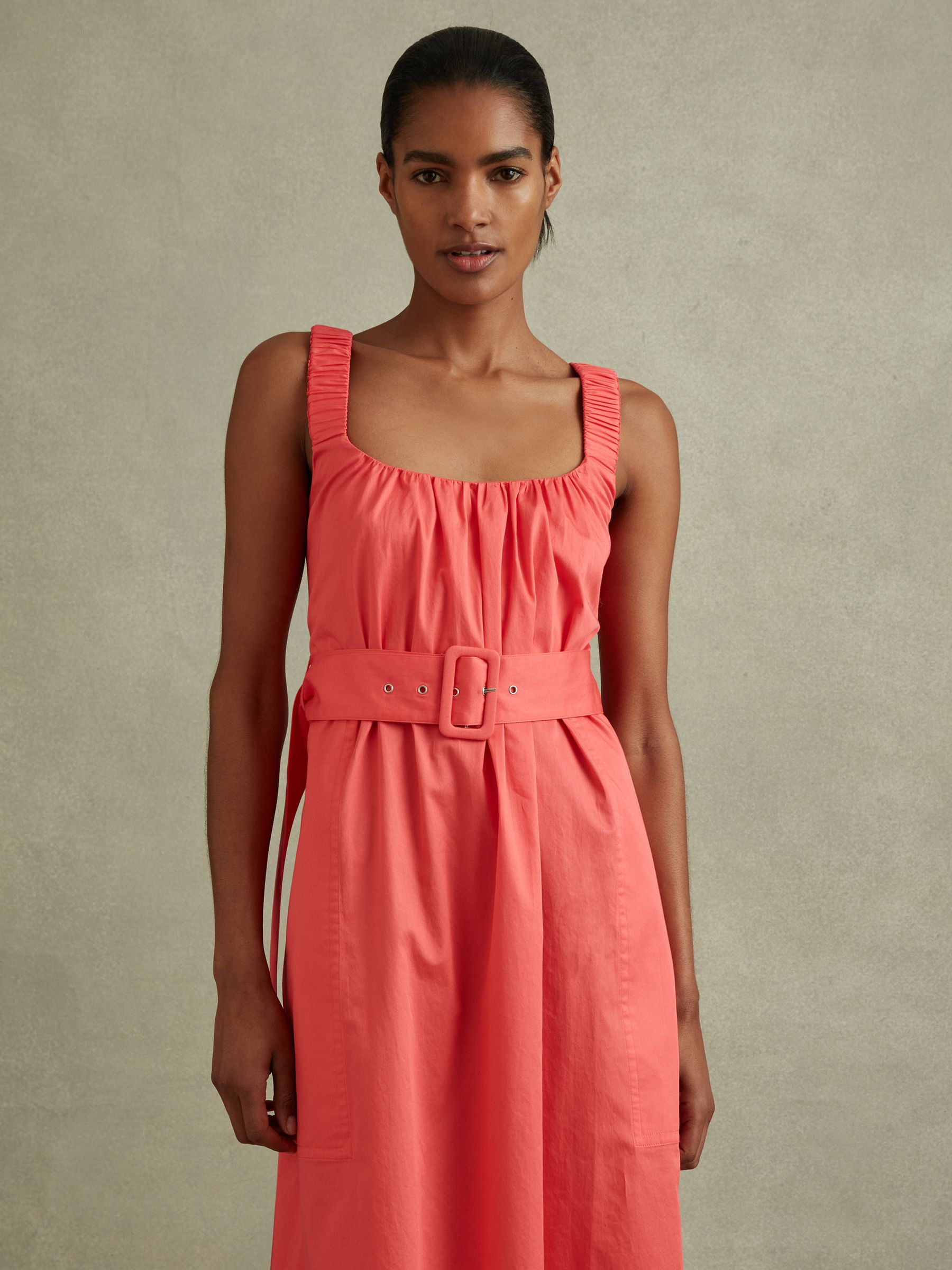 Cotton Ruched Strap Belted Midi Dress in Coral - Image 3 of 6