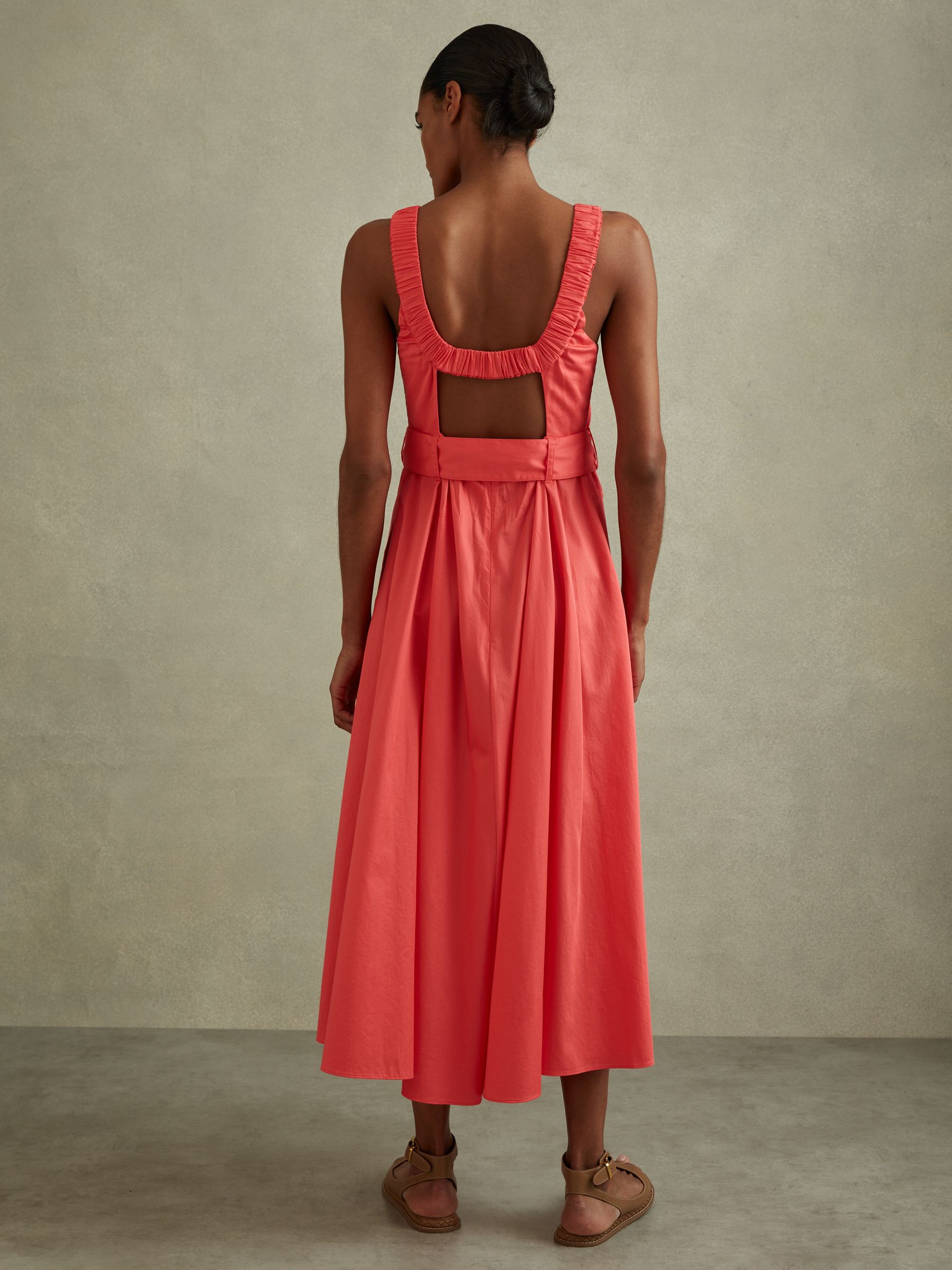 Cotton Ruched Strap Belted Midi Dress in Coral - Image 4 of 6