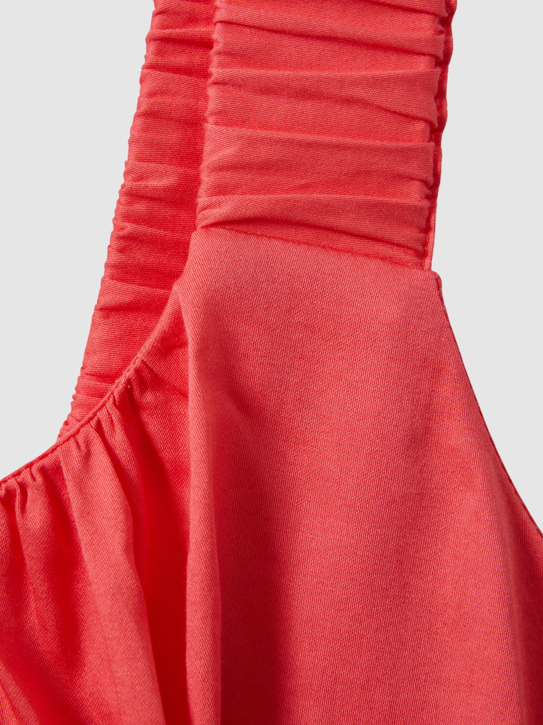 Cotton Ruched Strap Belted Midi Dress in Coral - Image 6 of 6