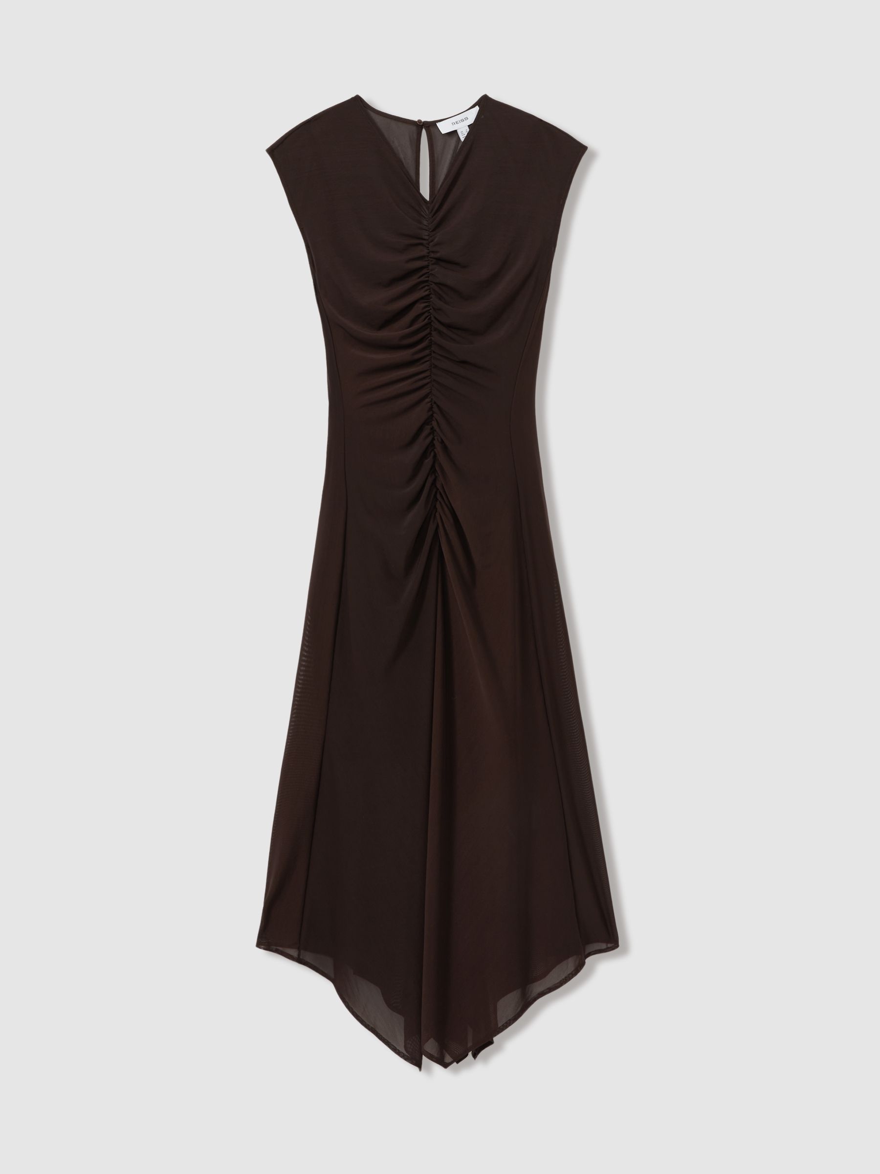 Mesh Ruched Midi Dress in Chocolate - Image 2 of 6