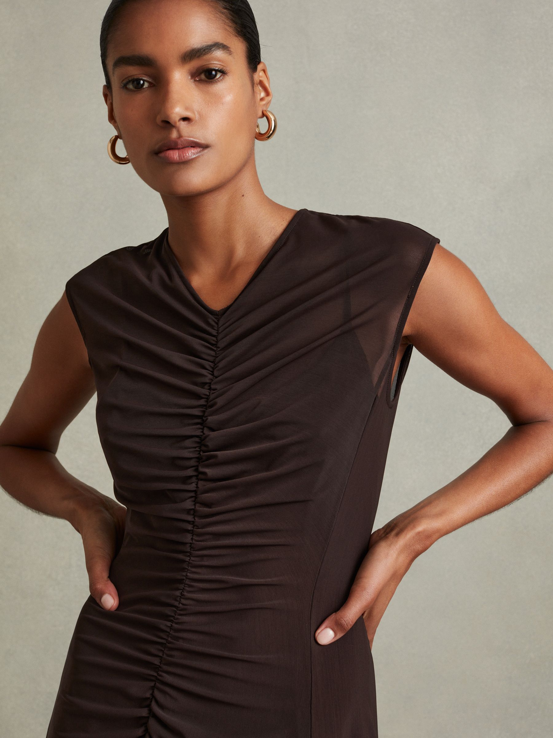 Mesh Ruched Midi Dress in Chocolate - Image 3 of 6