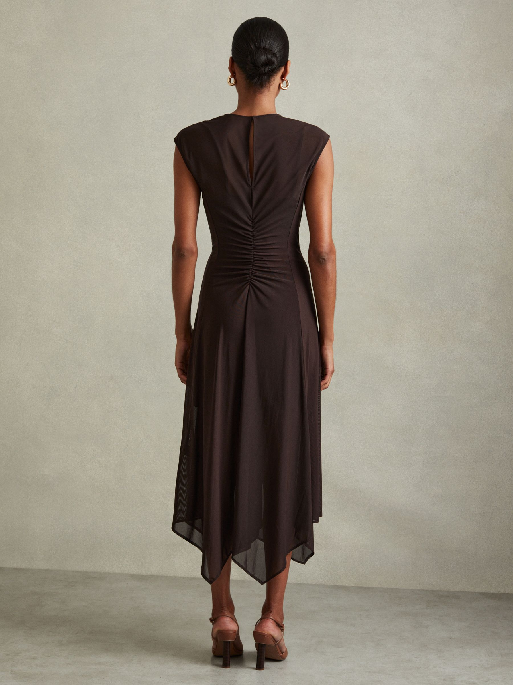Mesh Ruched Midi Dress in Chocolate - Image 5 of 6