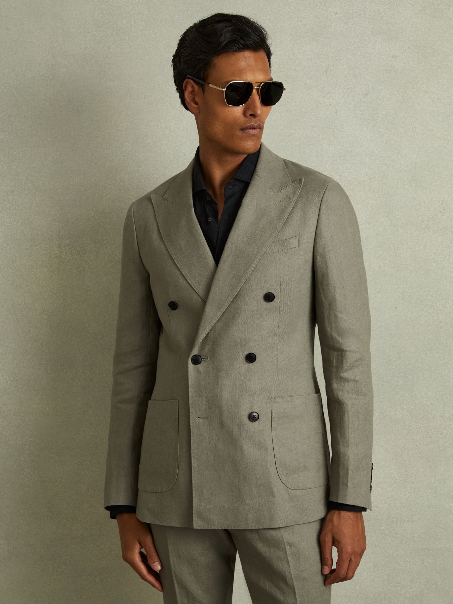 Linen Double Breasted Blazer in Light Sage Green - Image 1 of 7