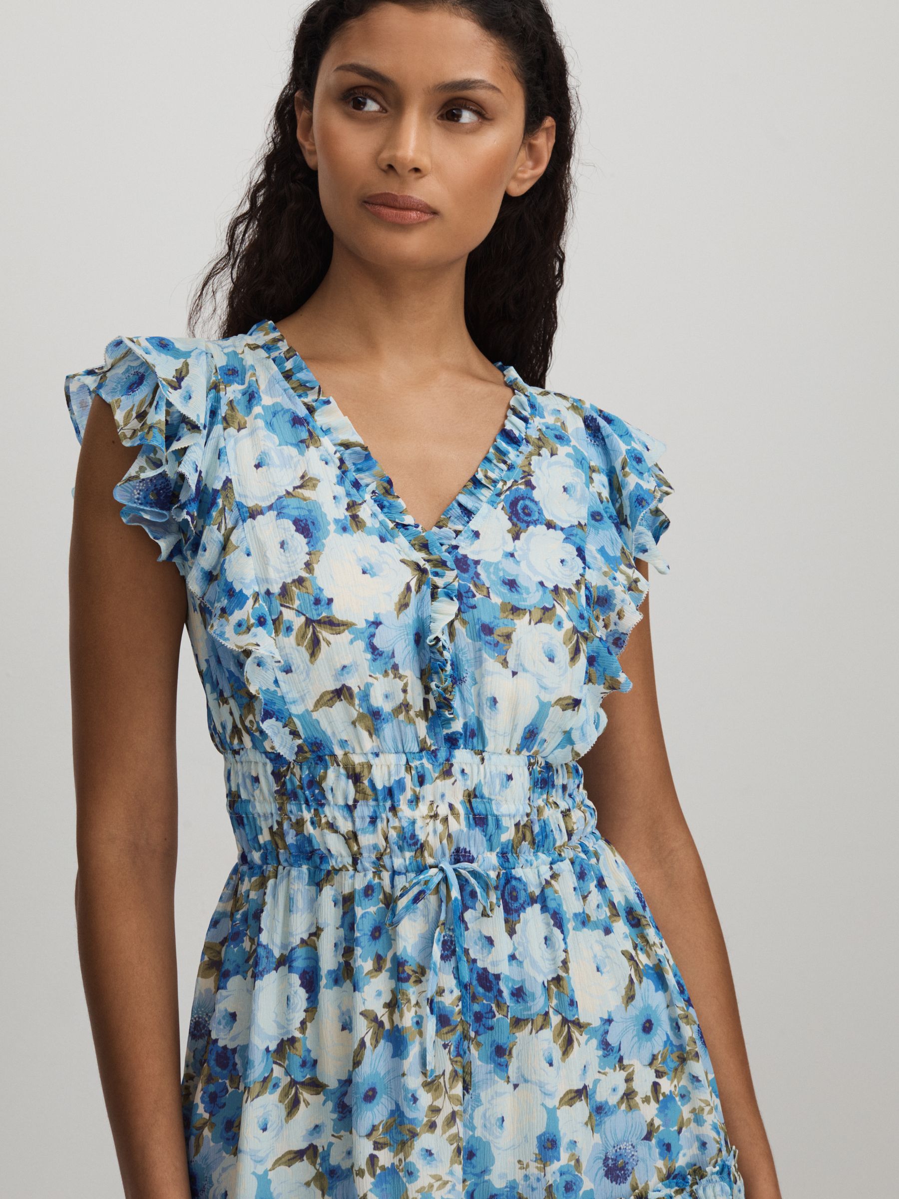 Paige Silk Georgette Floral Print Mini Dress in Blue Multi - Image 3 of 5