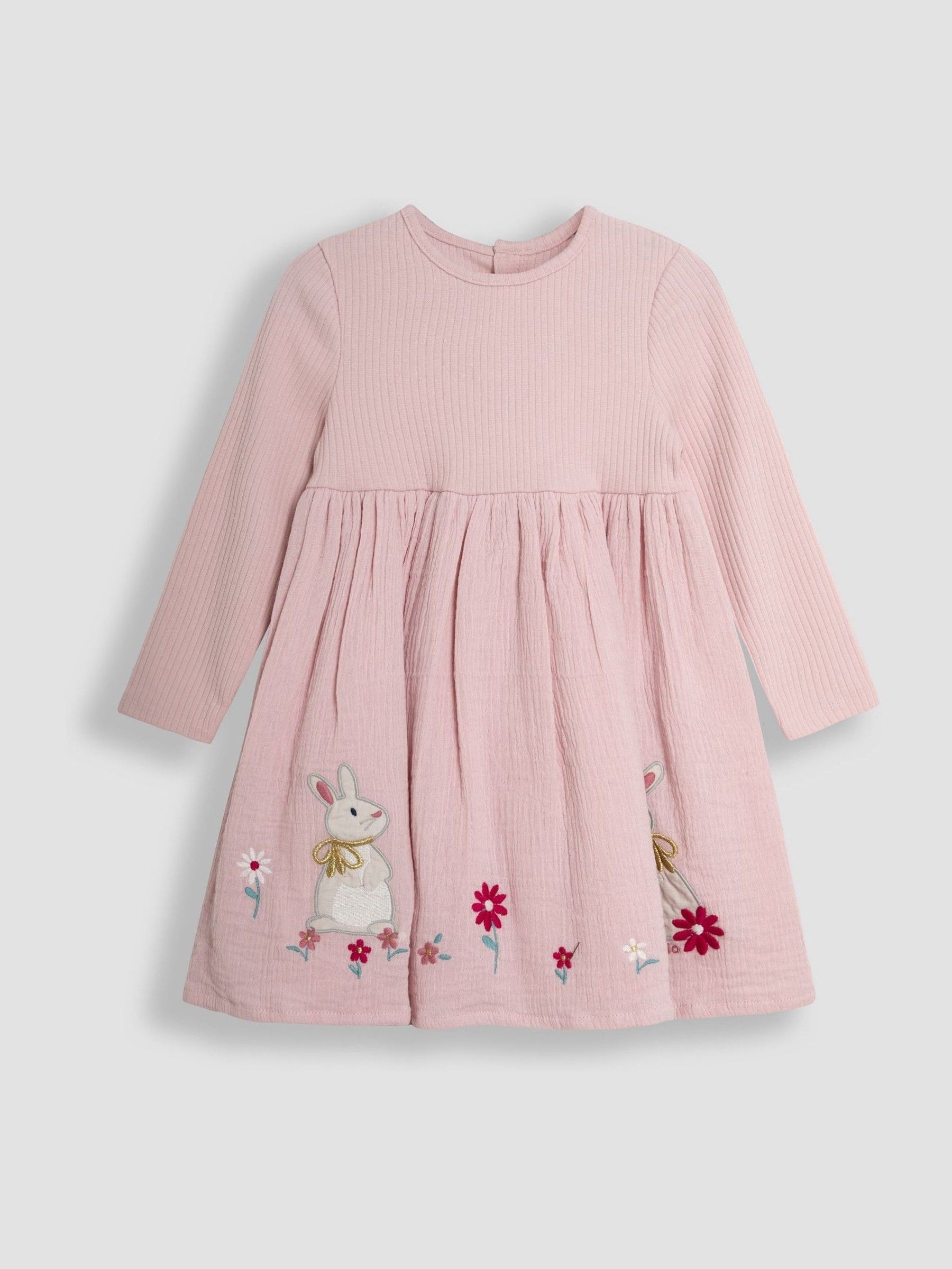 Pink Bunny Applique Rib Cheesecloth Dress - Image 1 of 3