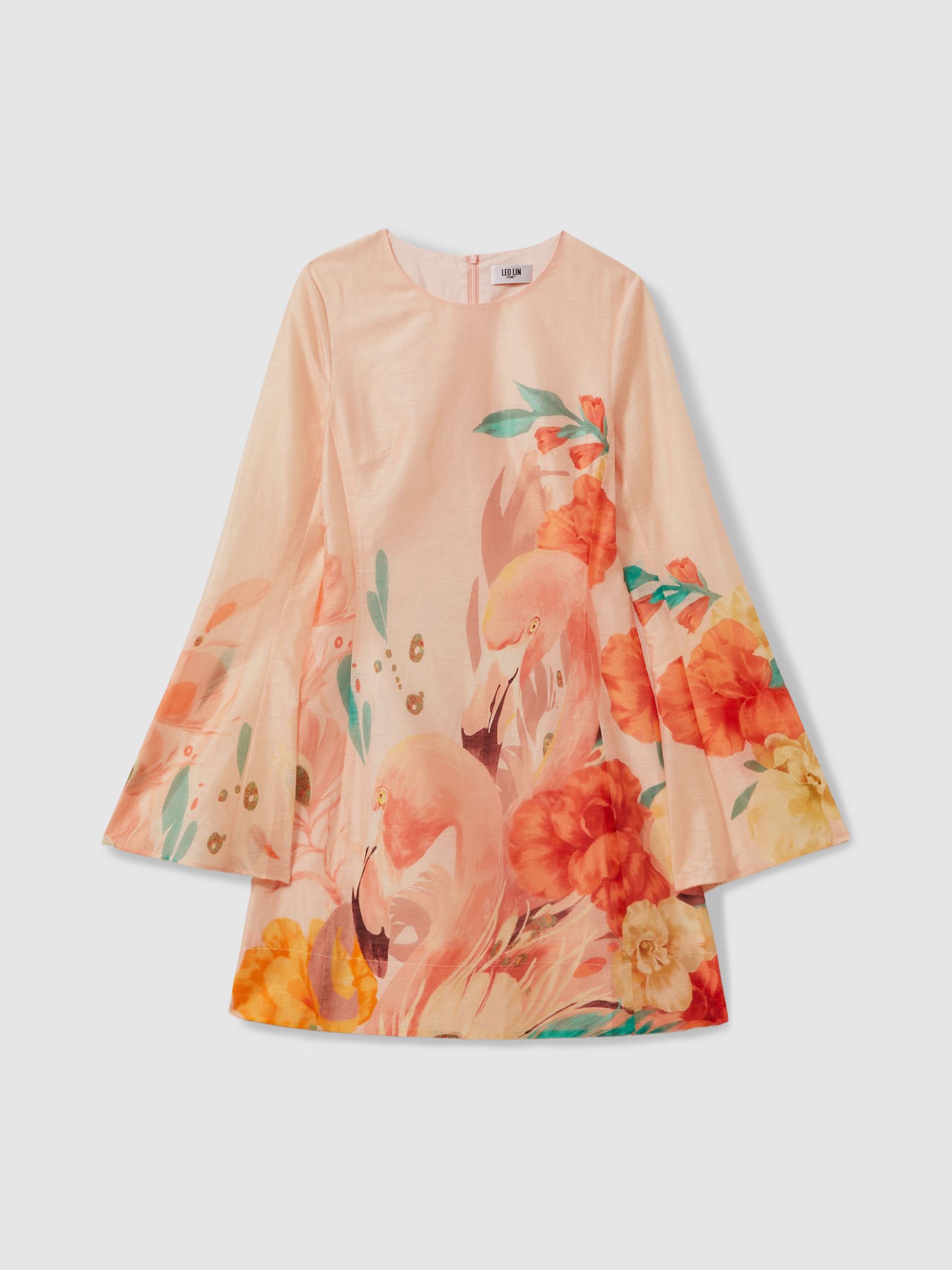 Leo Lin Linen Blend Printed A-Line Mini Dress in Soft Pink Print - Image 1 of 6