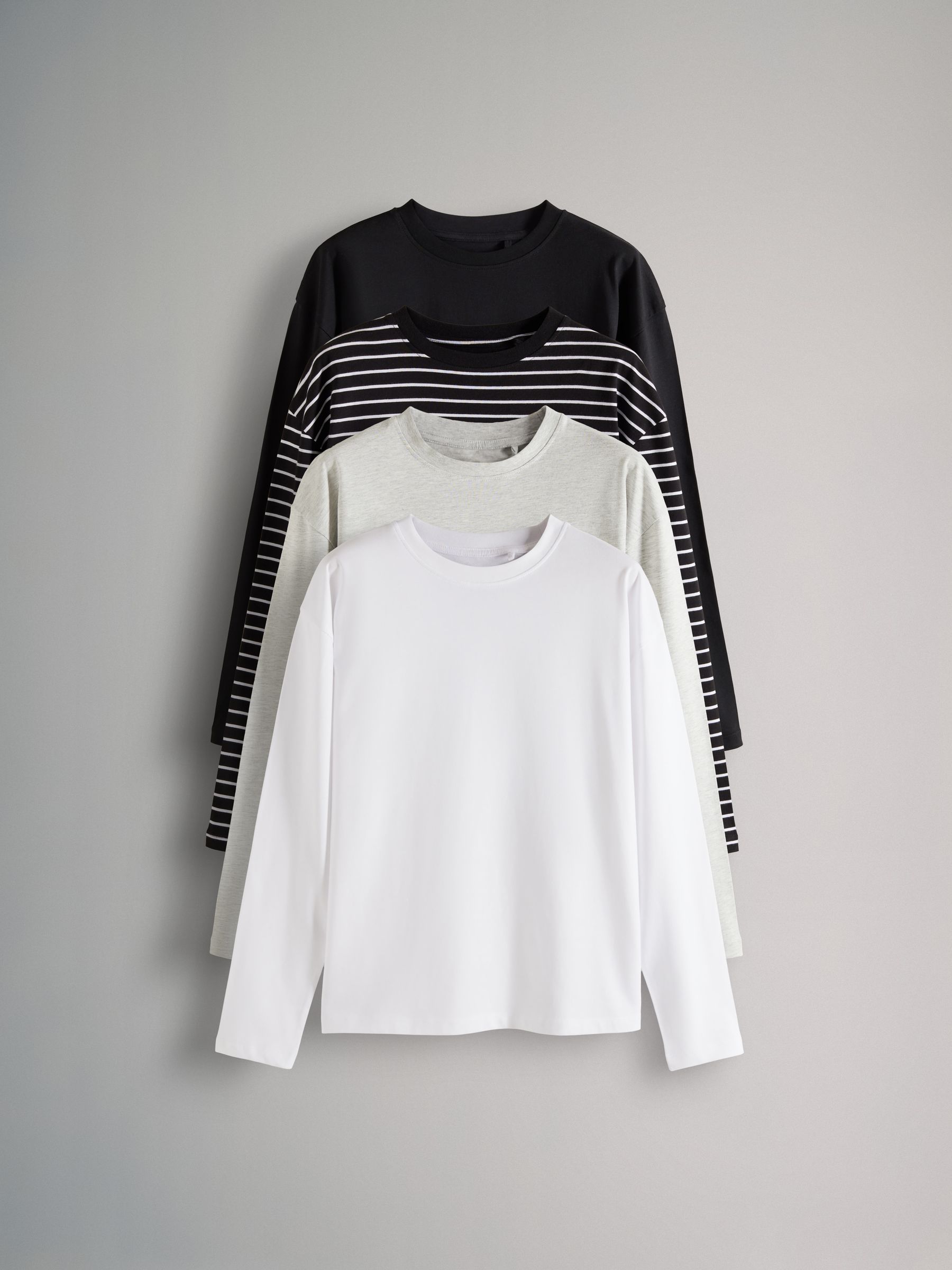 Black/Grey/White/Black & White Stripe - 4 Pack Relaxed Long Sleeve T-Shirts - Image 2 of 13