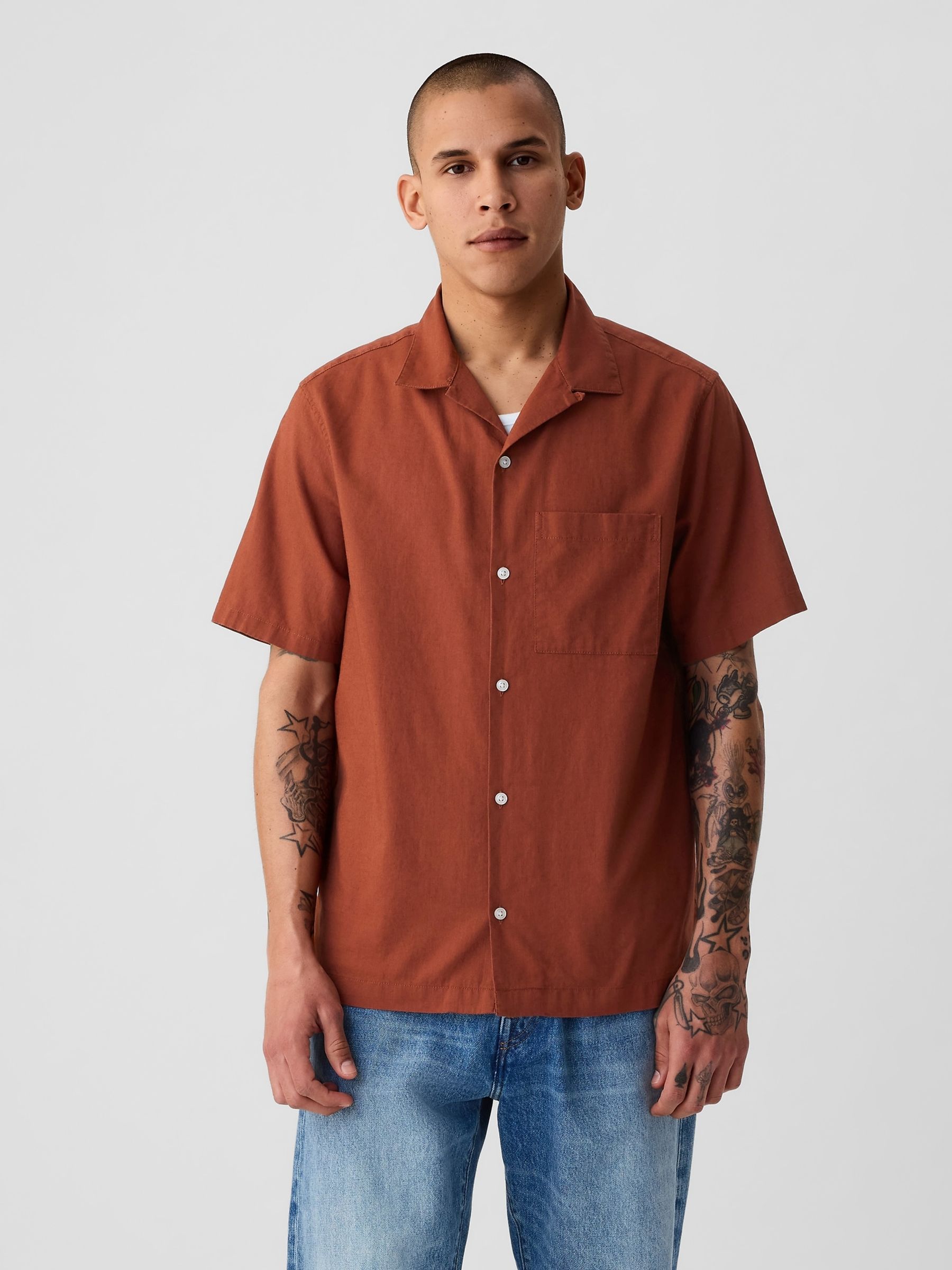 Red Linen-Cotton Short Sleeve Shirt - Image 1 of 4