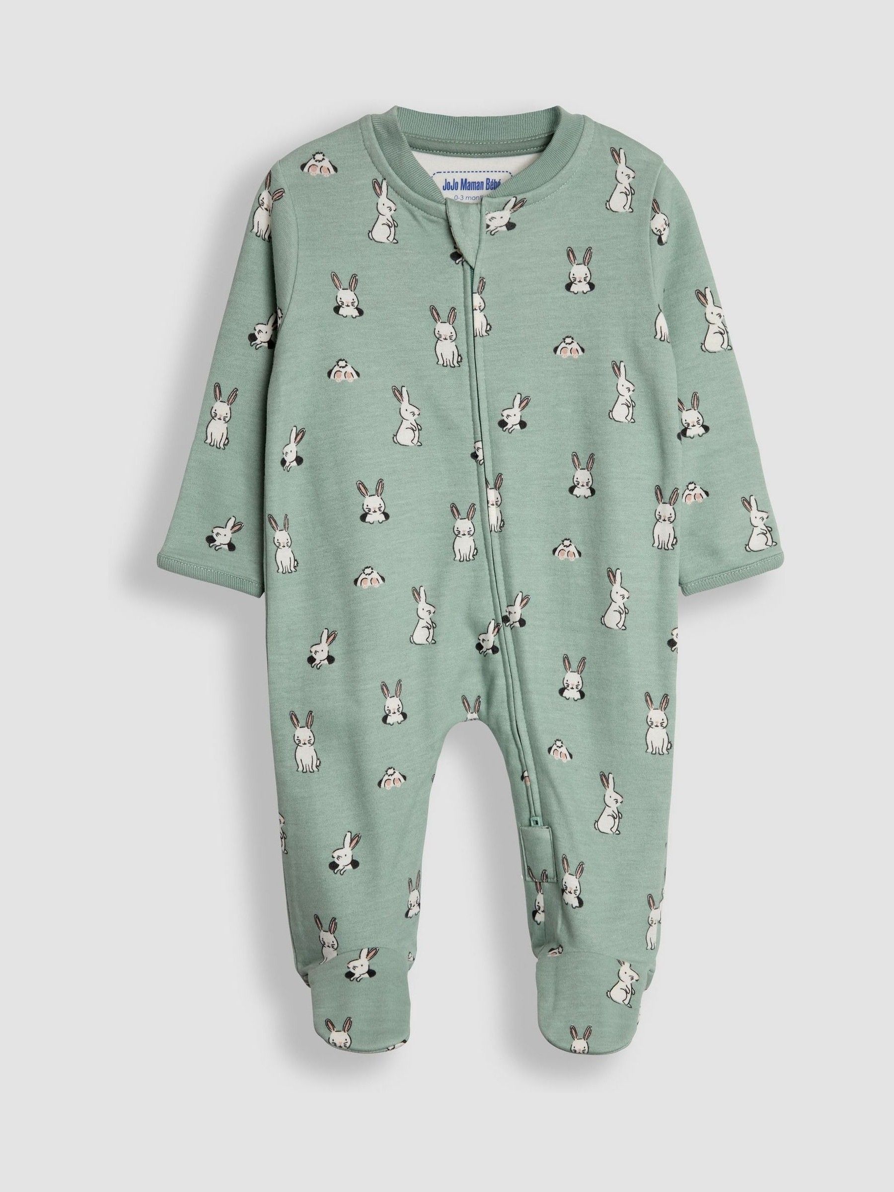 Green Bunny Print Zip Cotton Baby Sleepsuit - Image 1 of 6