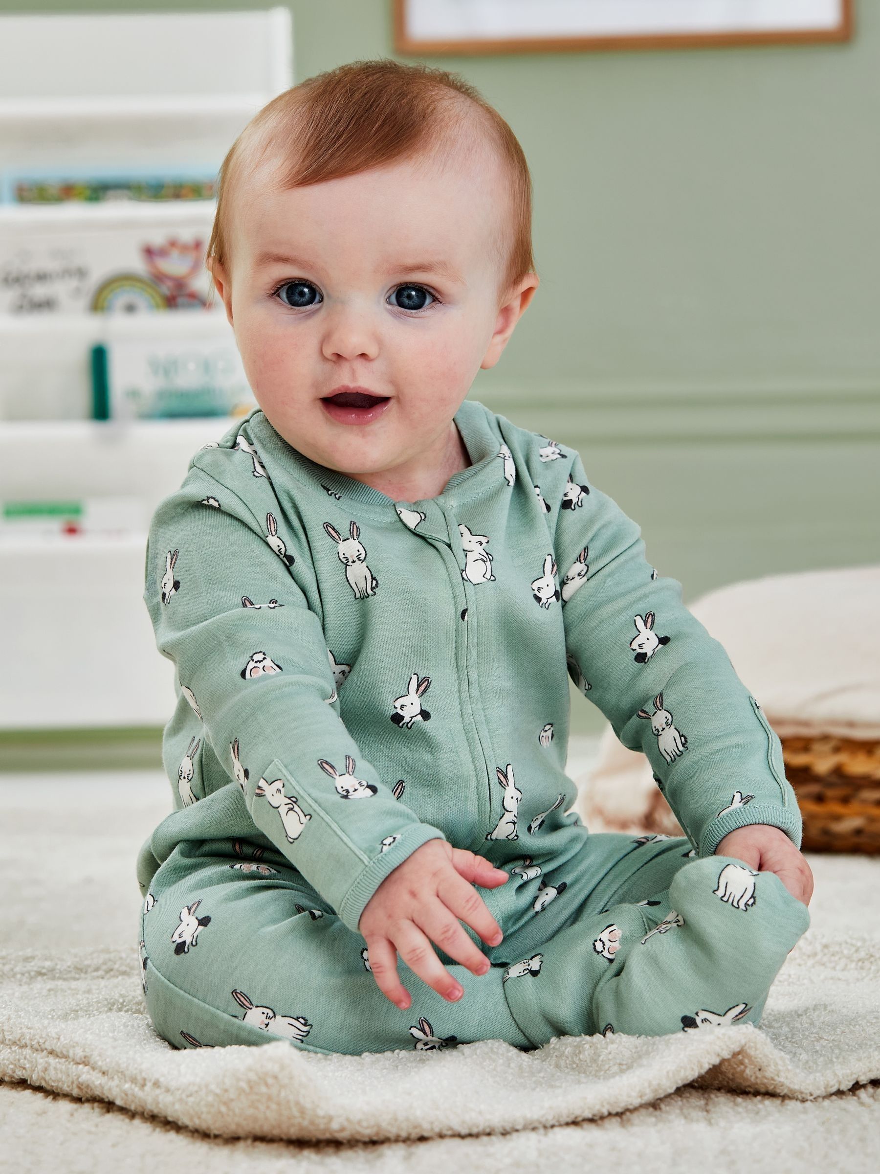 Green Bunny Print Zip Cotton Baby Sleepsuit - Image 3 of 6