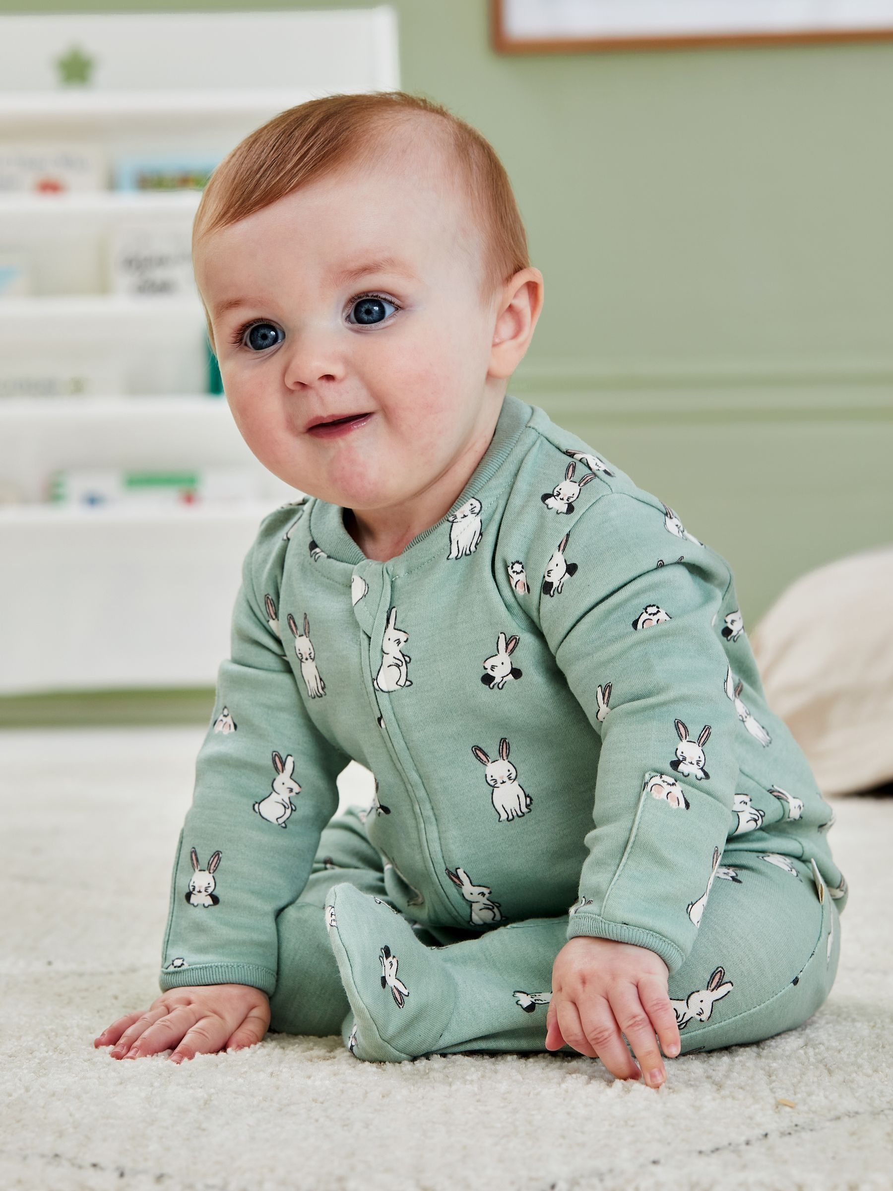 Green Bunny Print Zip Cotton Baby Sleepsuit - Image 4 of 6
